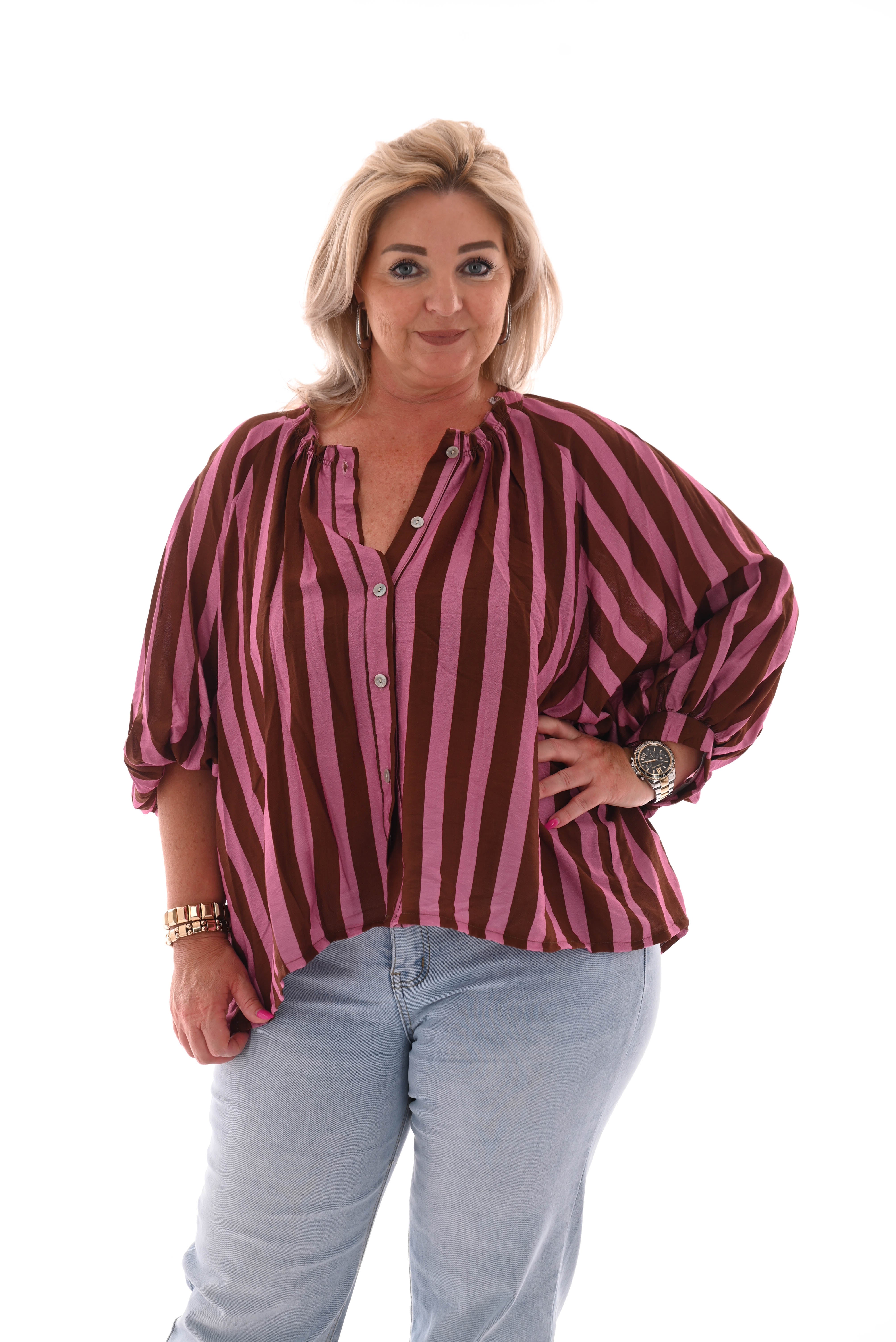 Blouse strepen korte pofmouwen bruin/roze
