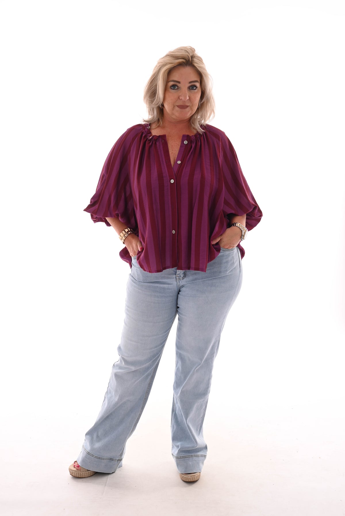 Blouse strepen korte pofmouwen bordeaux/paars