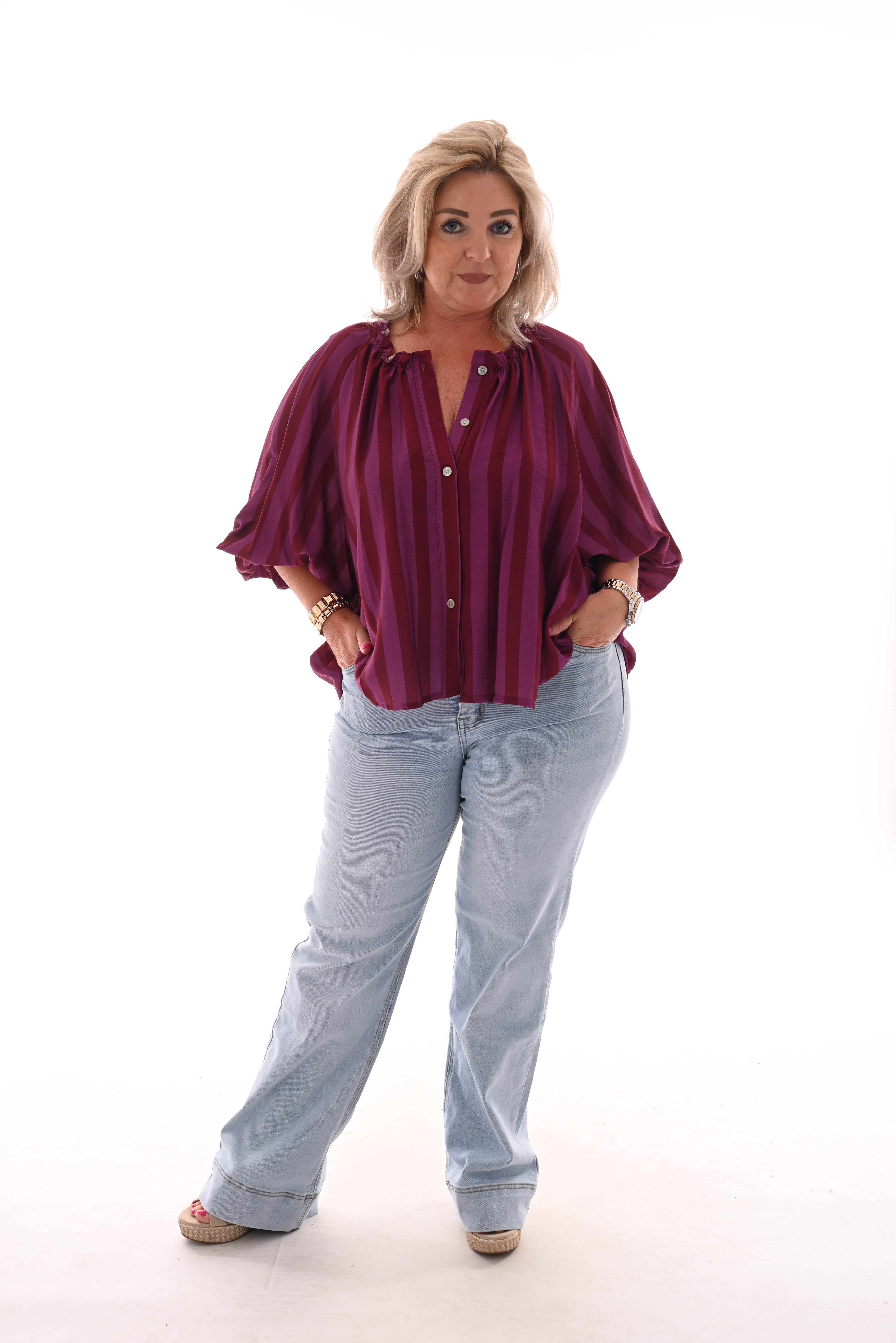 Blouse strepen korte pofmouwen bordeaux/paars