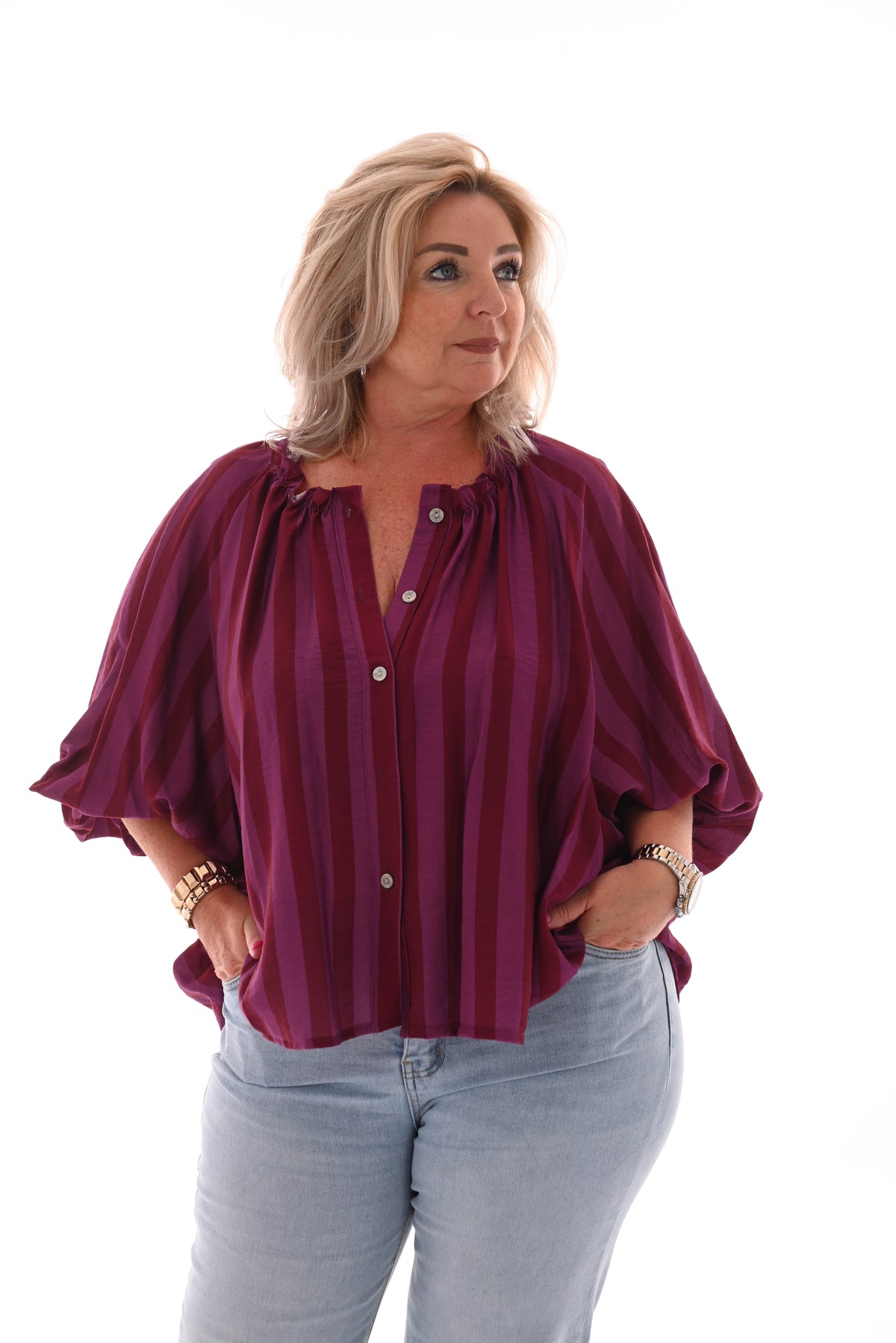 Blouse strepen korte pofmouwen bordeaux/paars