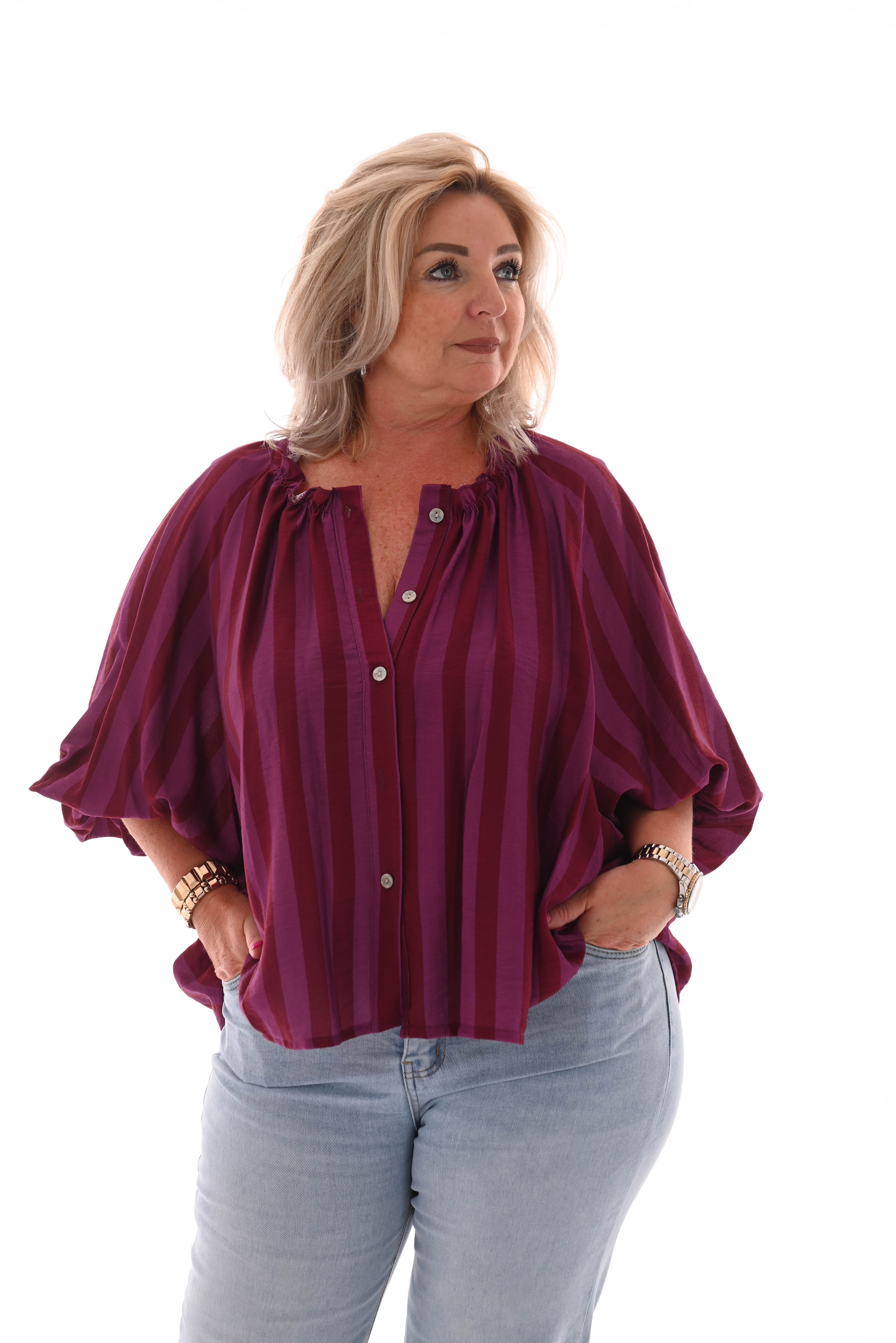 Blouse strepen korte pofmouwen bordeaux/paars