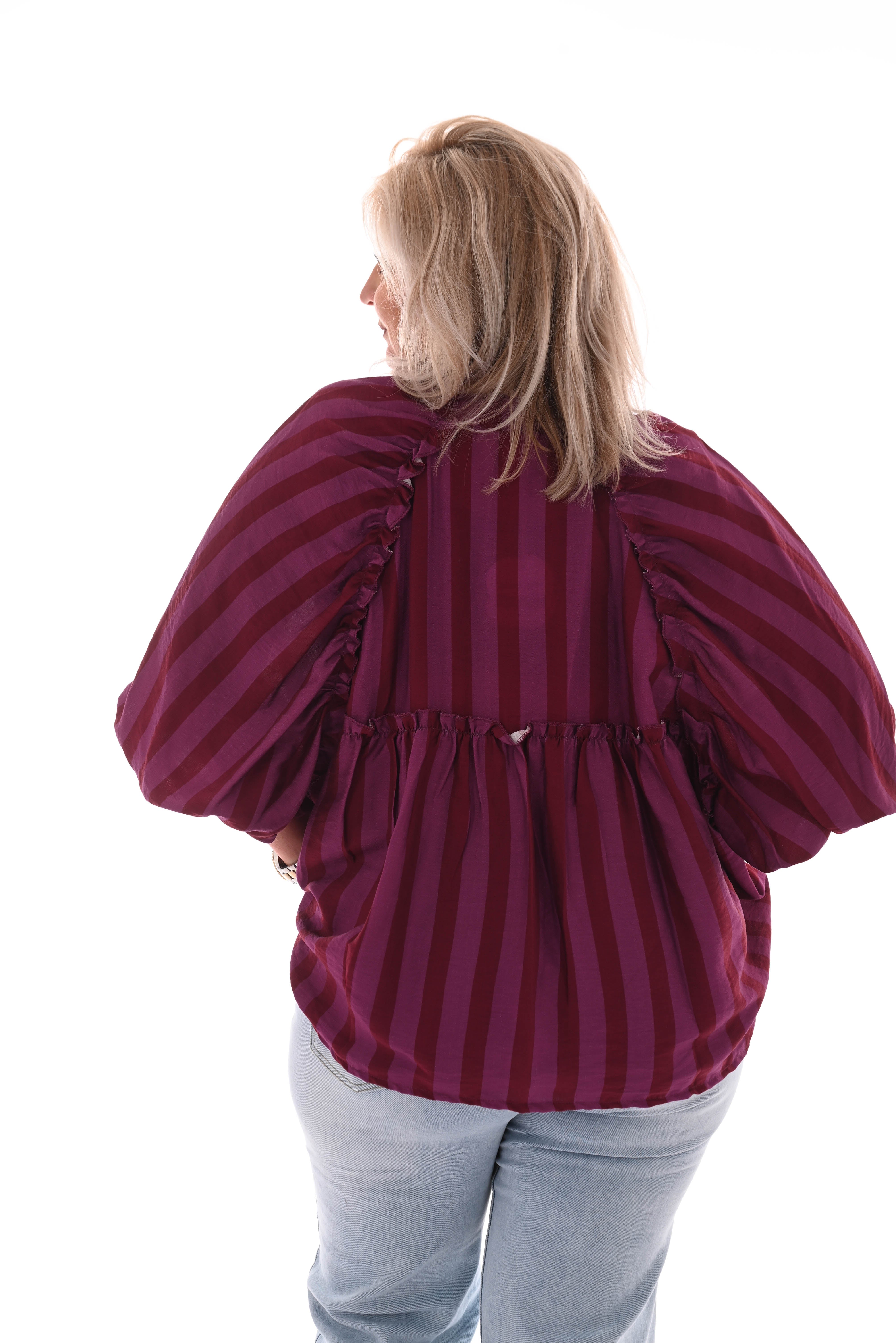 Blouse strepen korte pofmouwen bordeaux/paars