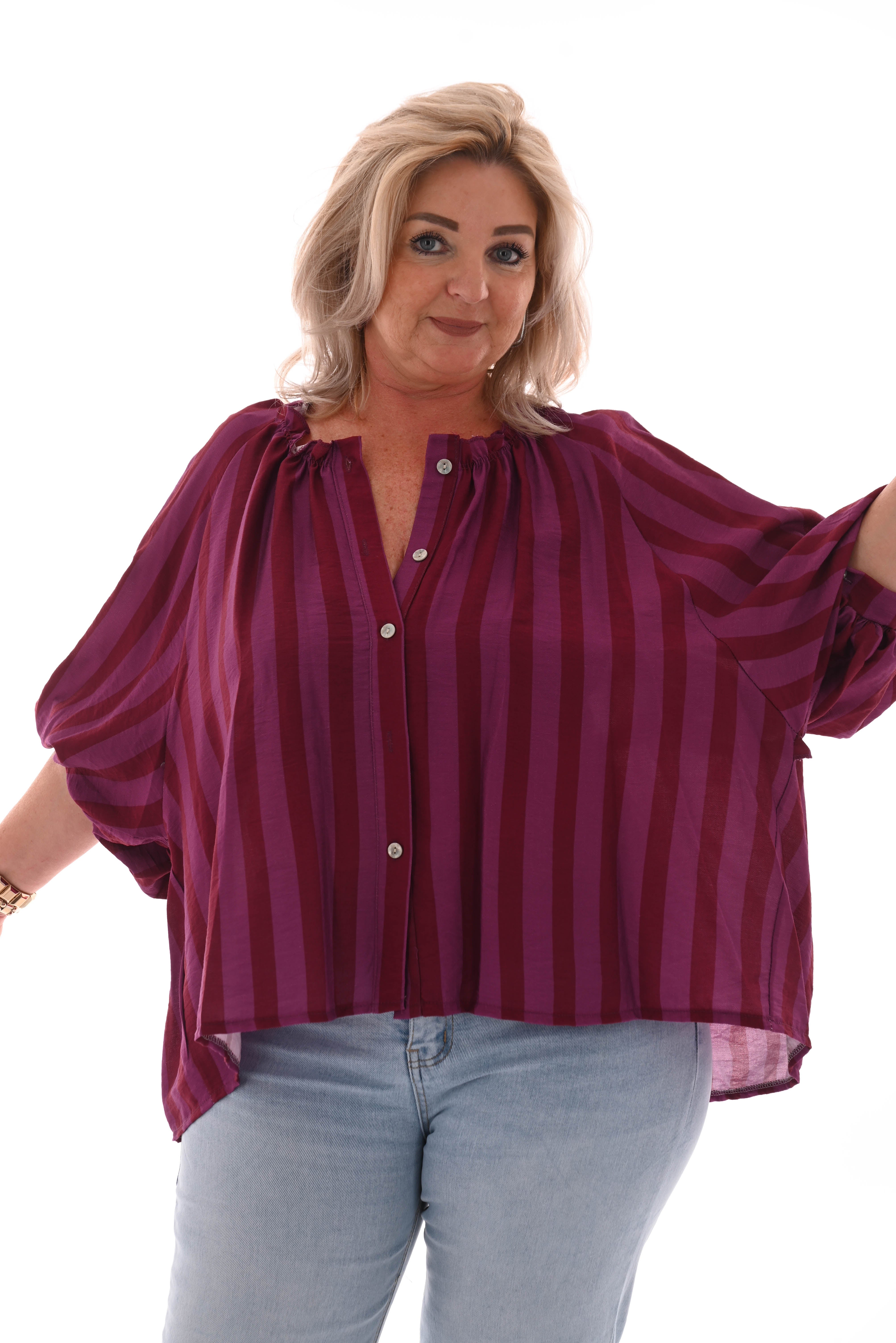 Blouse strepen korte pofmouwen bordeaux/paars