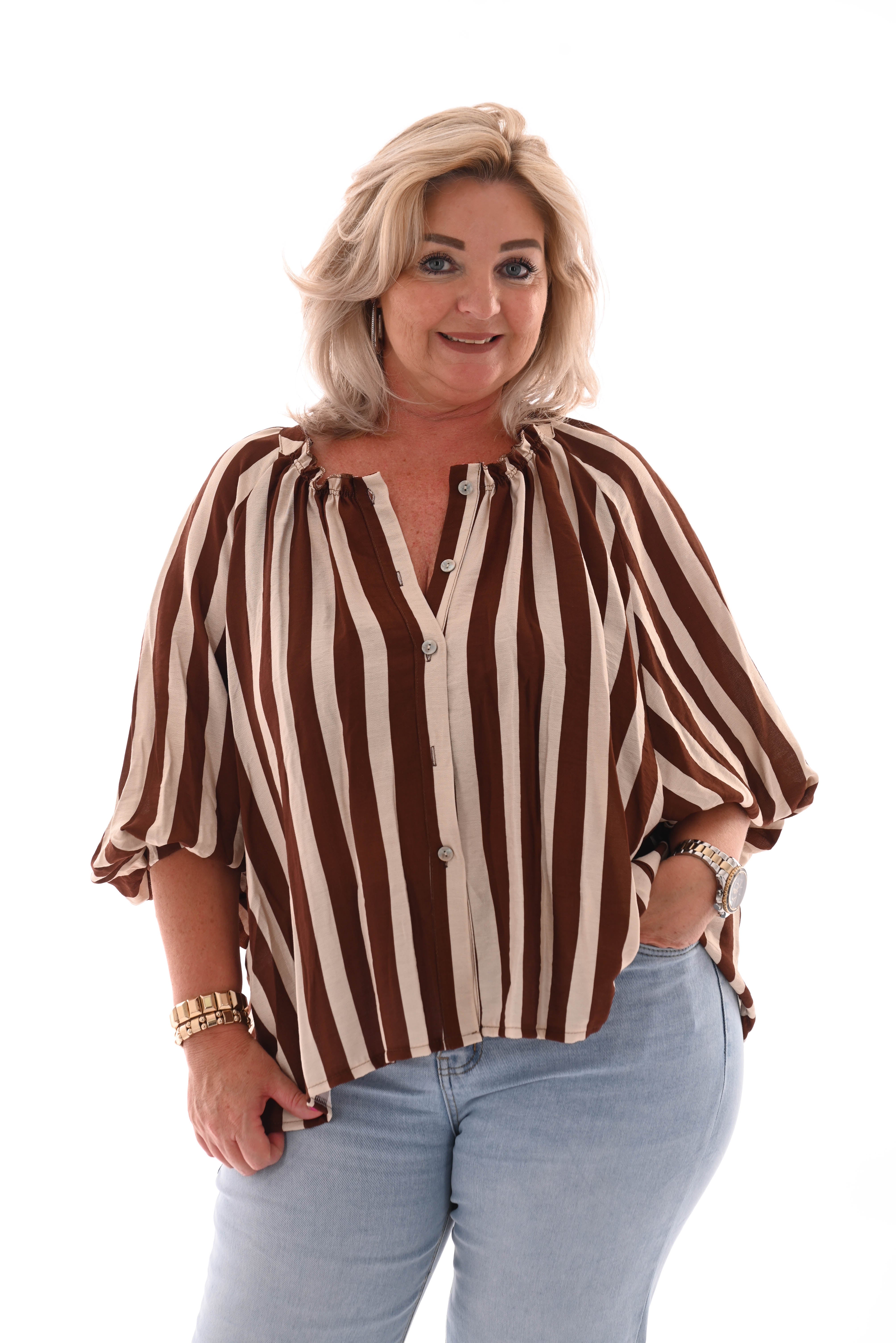Blouse strepen korte pofmouwen bruin/creme