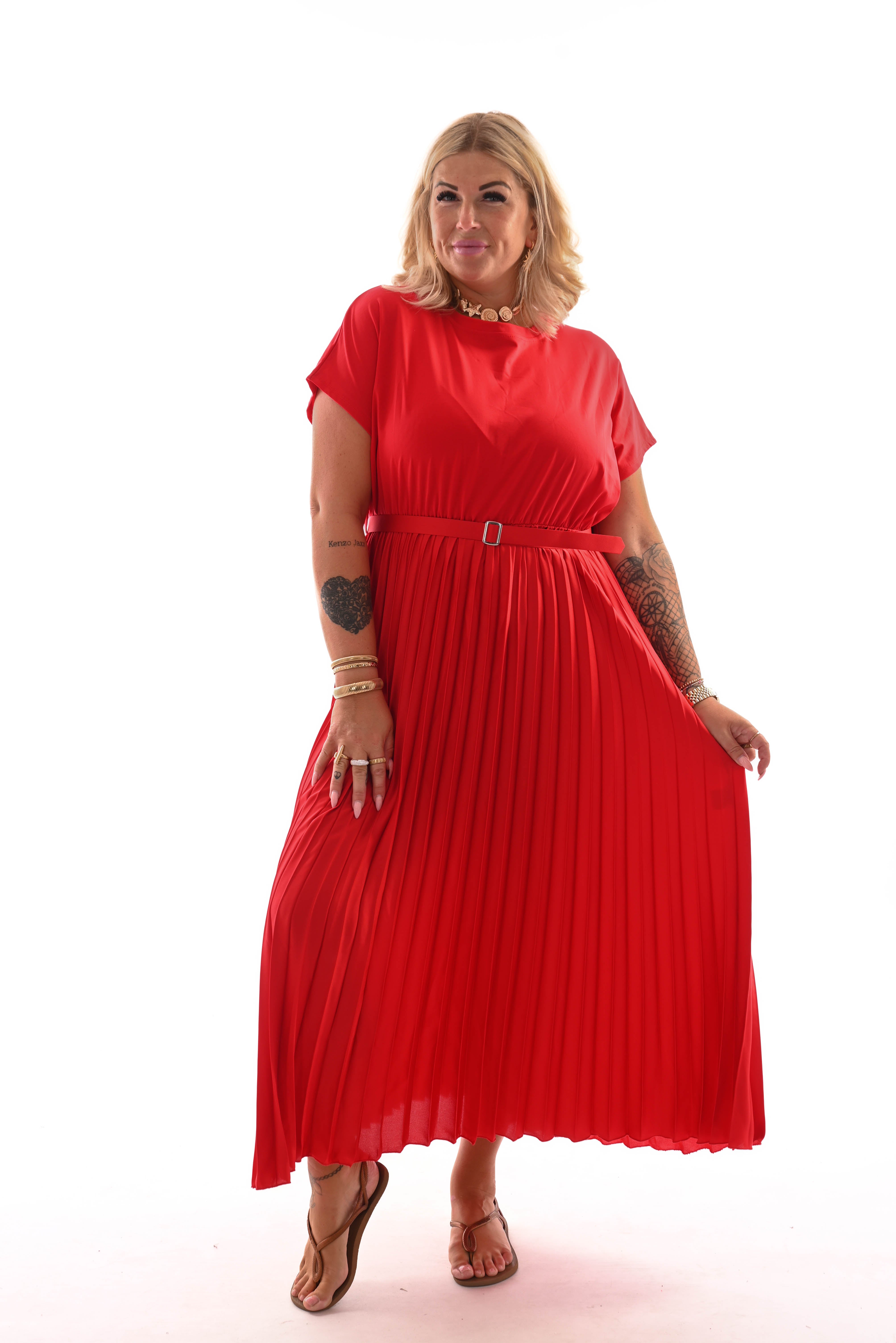 Lange jurk plooien rok met ceintuur rood