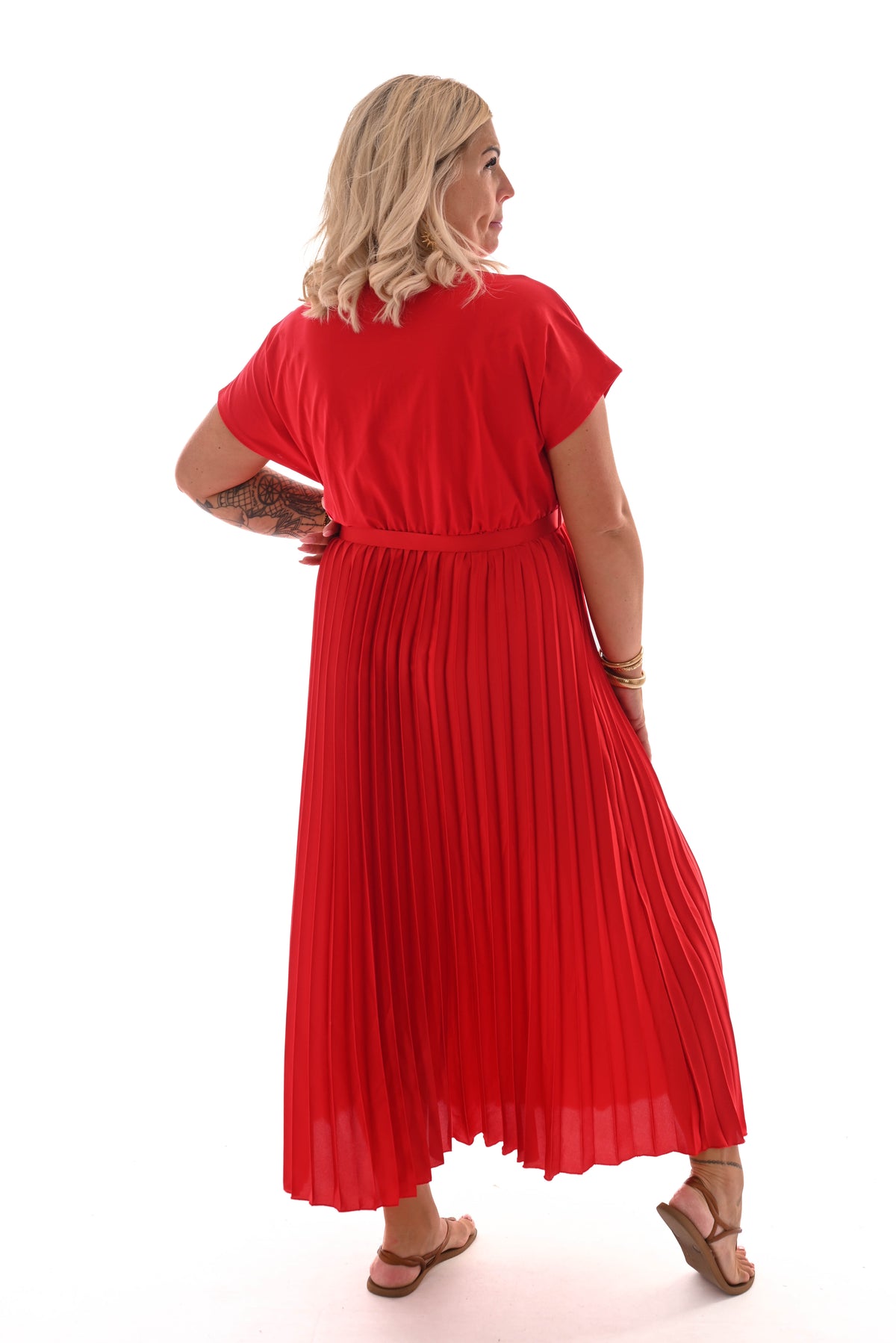 Lange jurk plooien rok met ceintuur rood
