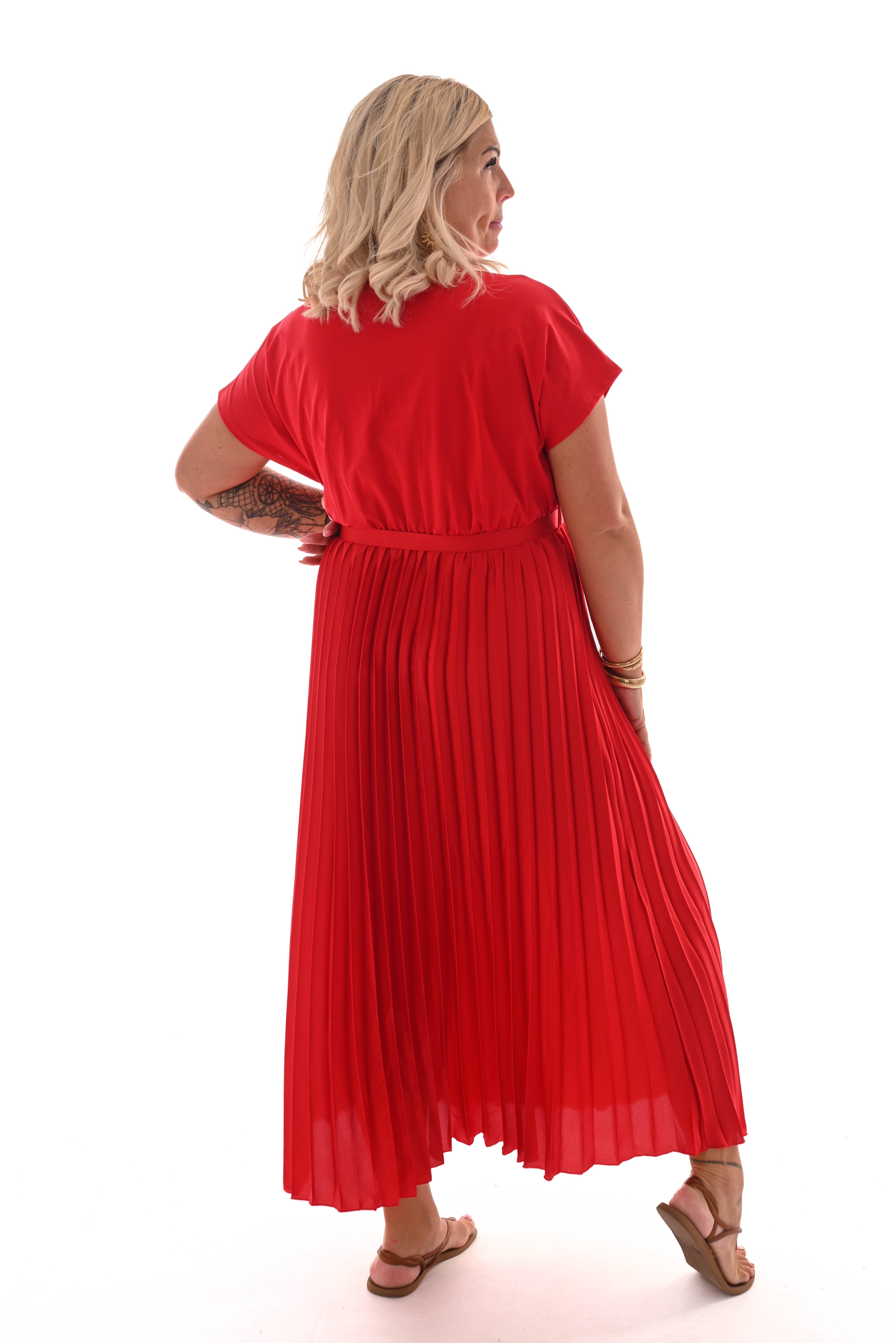 Lange jurk plooien rok met ceintuur rood