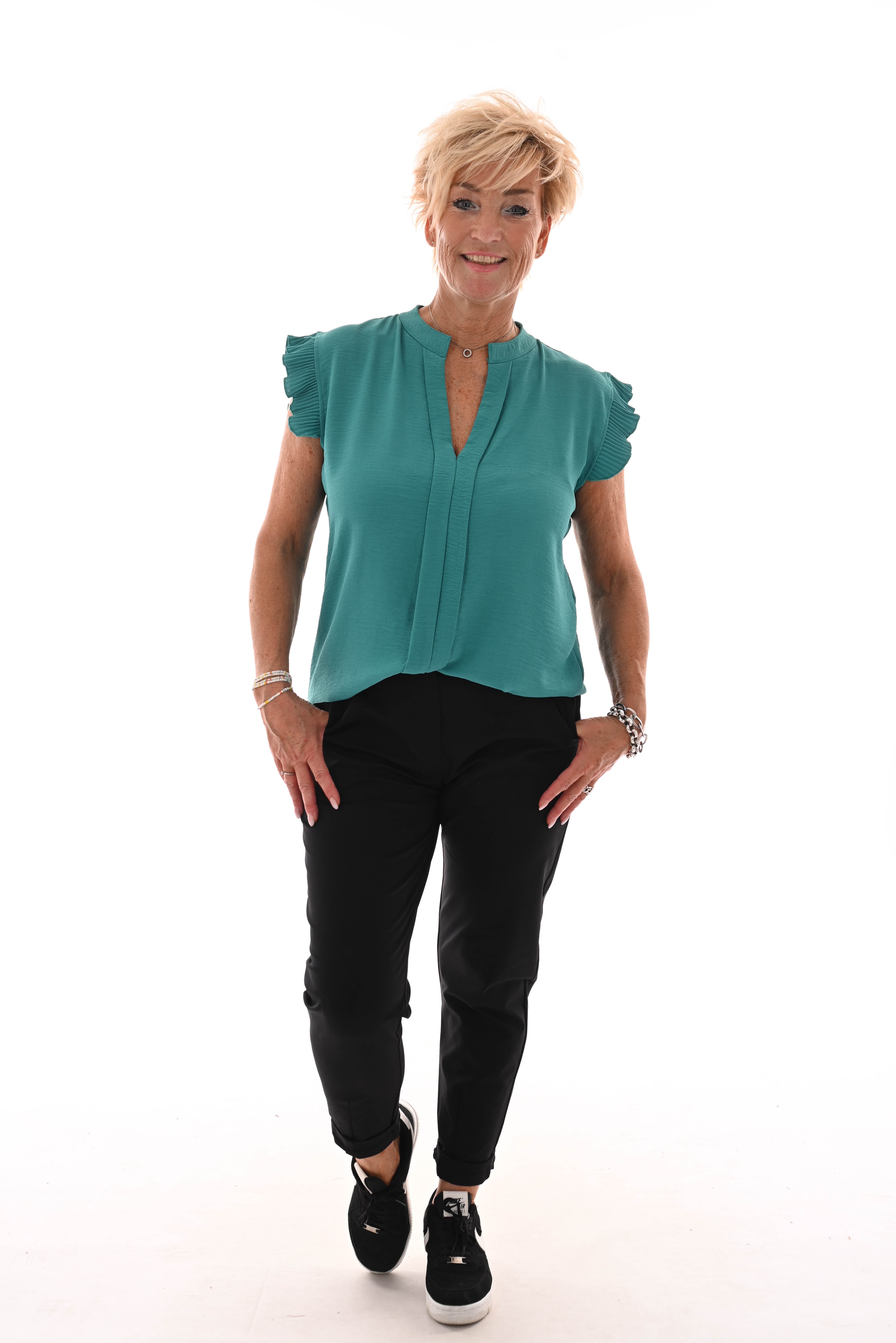Top v-hals korte plisse mouwen turquoise