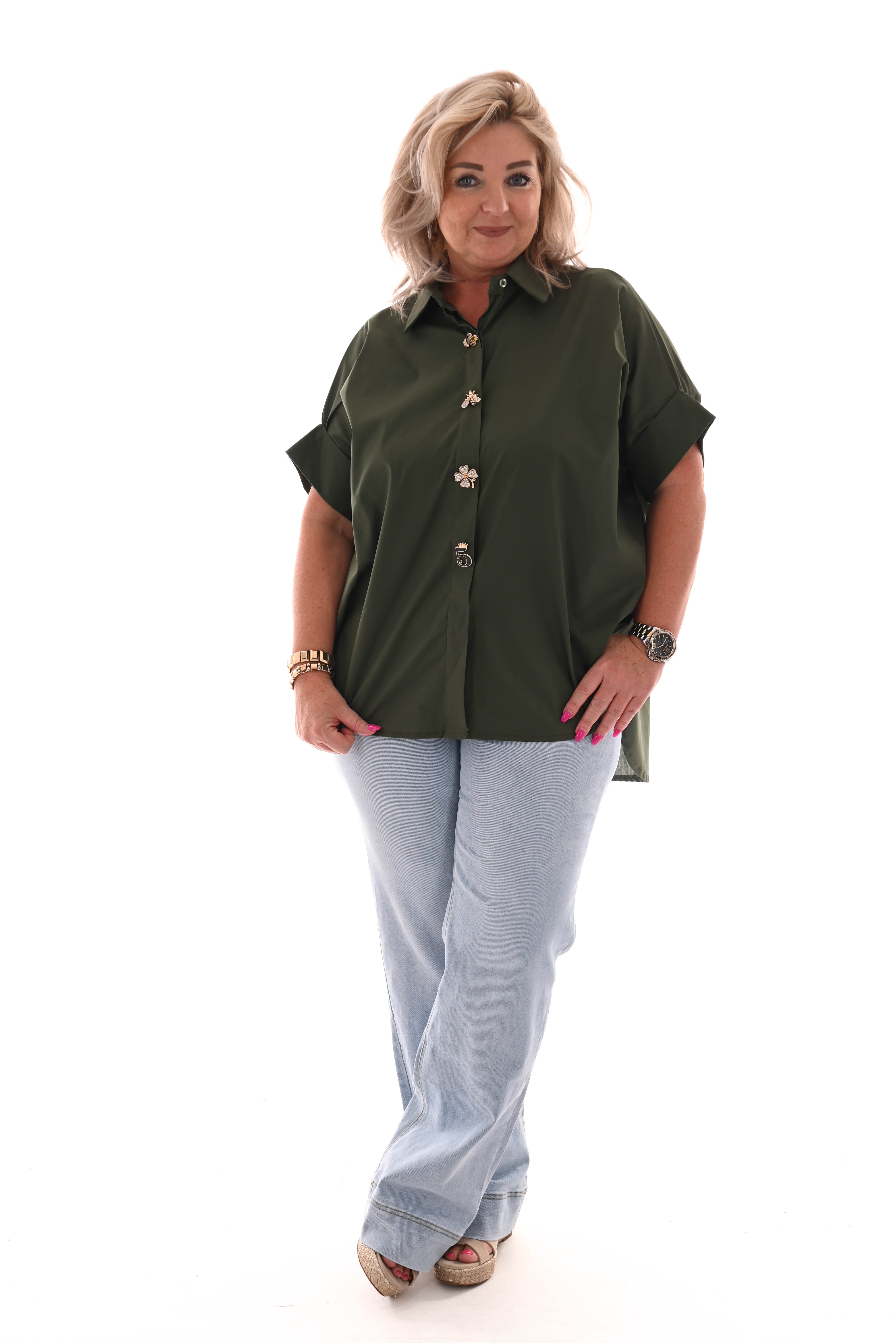 Korte blouse broche knopen legergroen