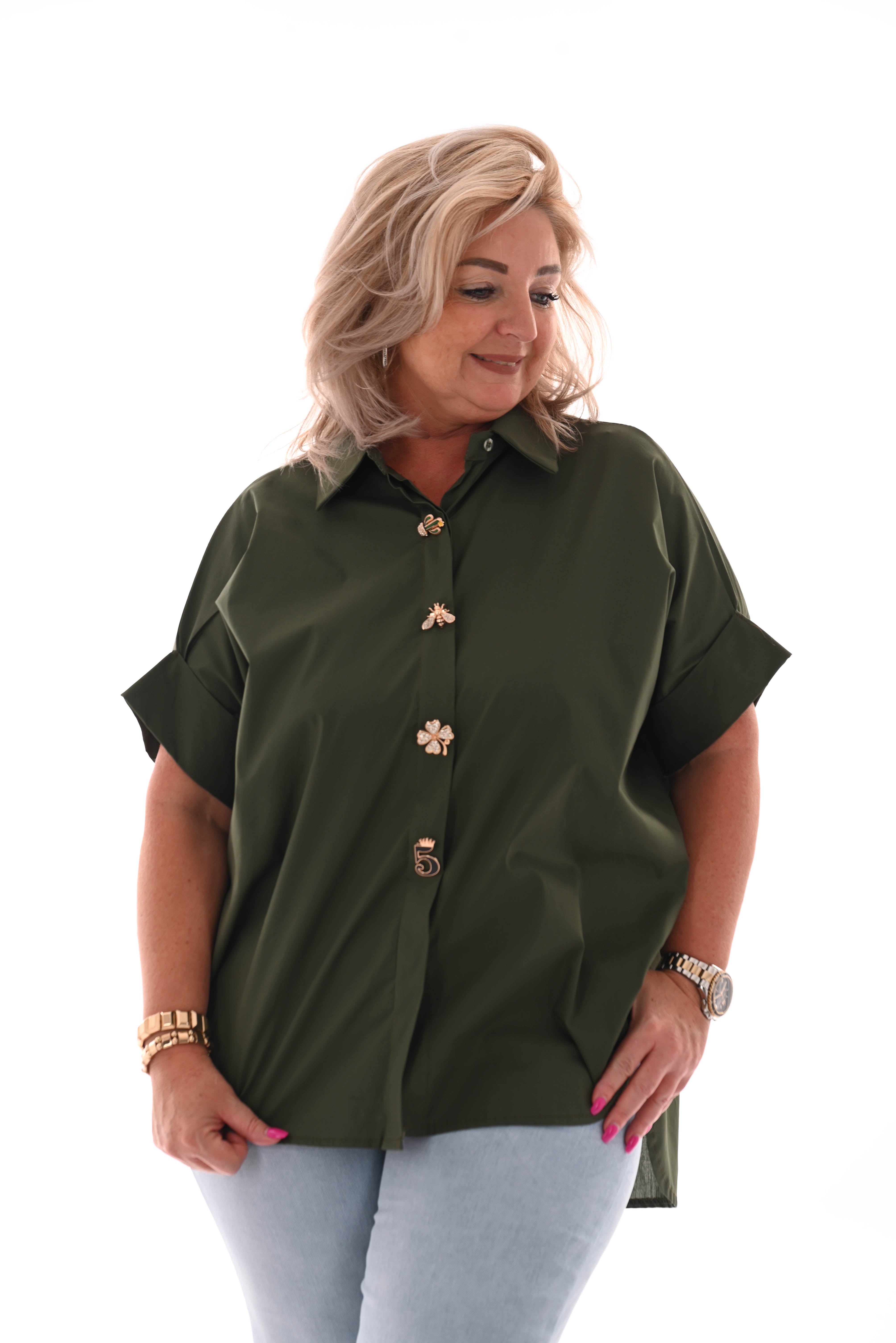 Korte blouse broche knopen legergroen