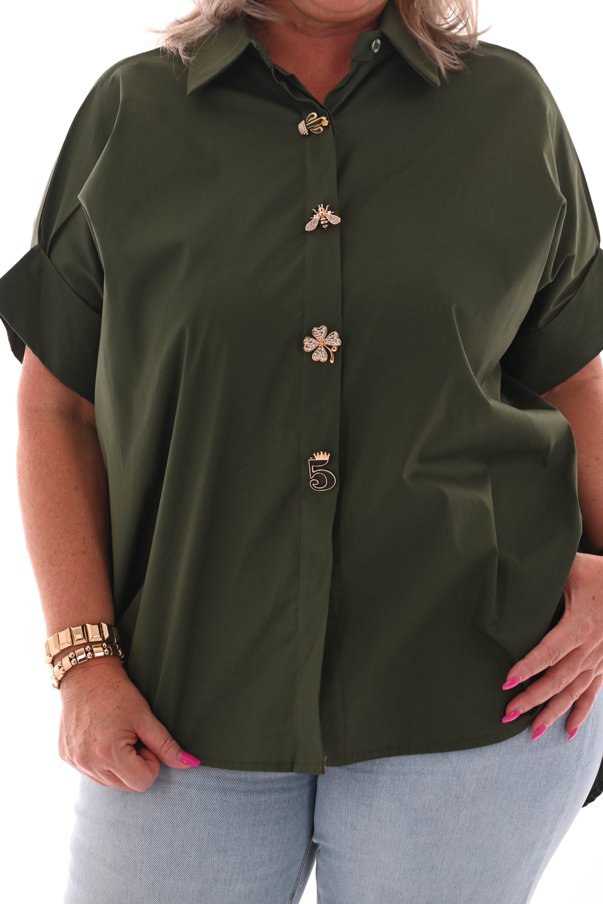 Korte blouse broche knopen legergroen