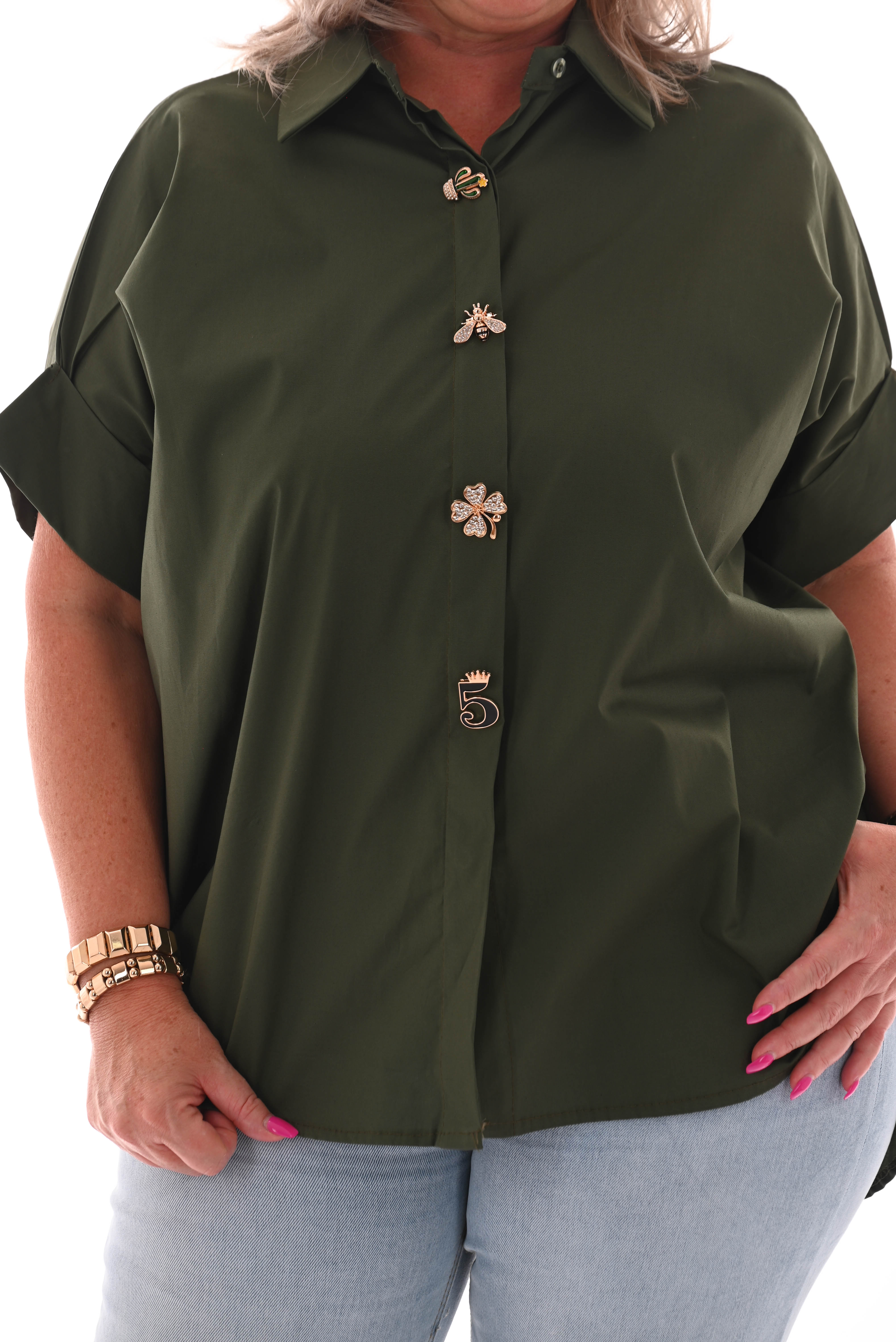 Korte blouse broche knopen legergroen