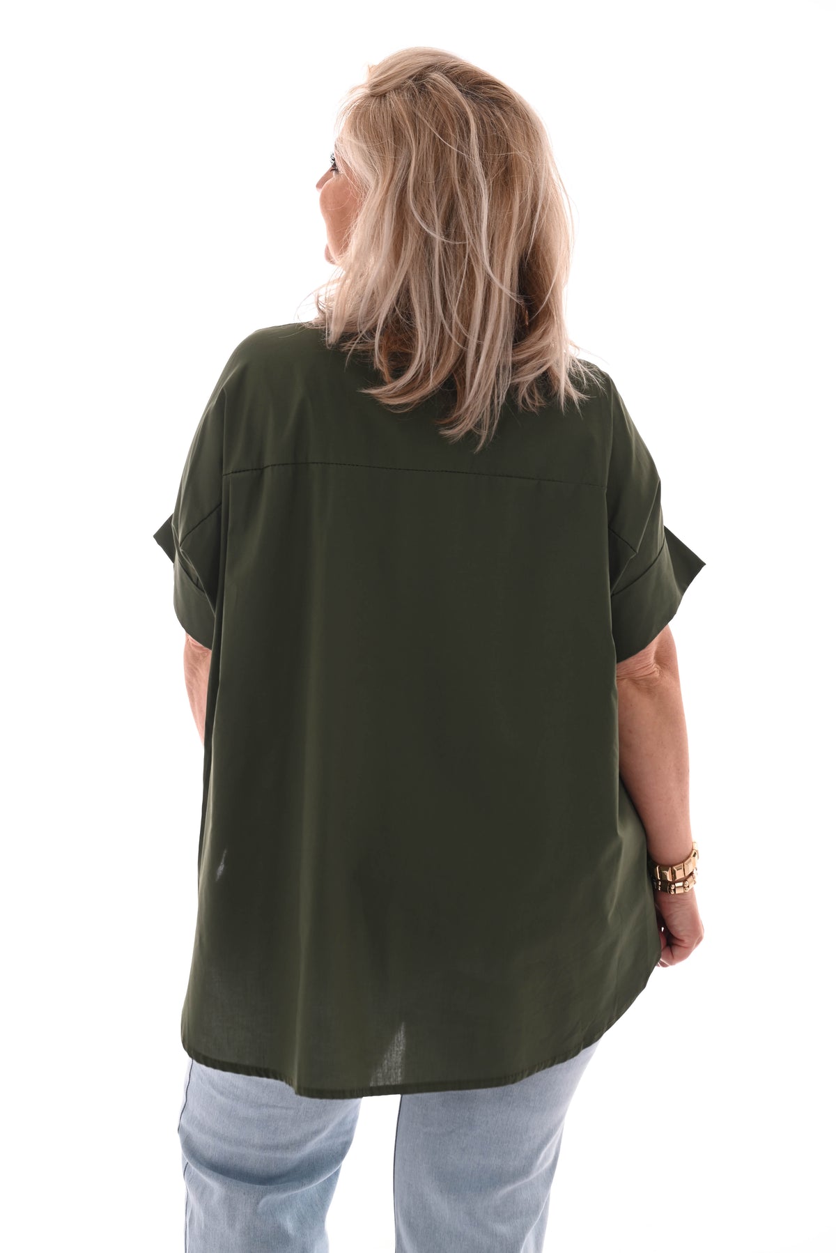 Korte blouse broche knopen legergroen