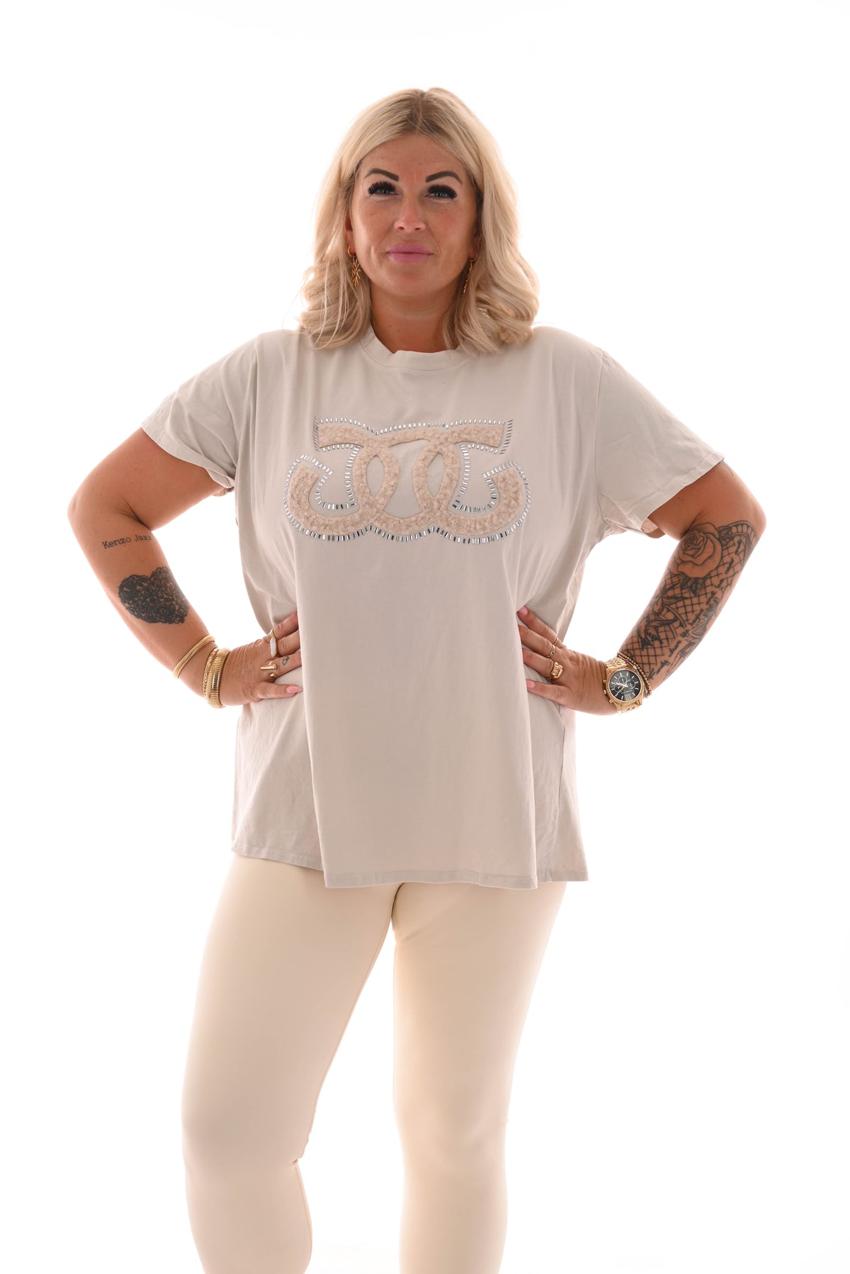 Shirt teddy en strass beige