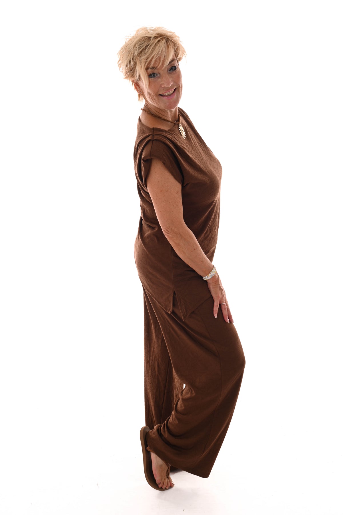 Tweedelig pak deluxe bubble mouwloos bruin