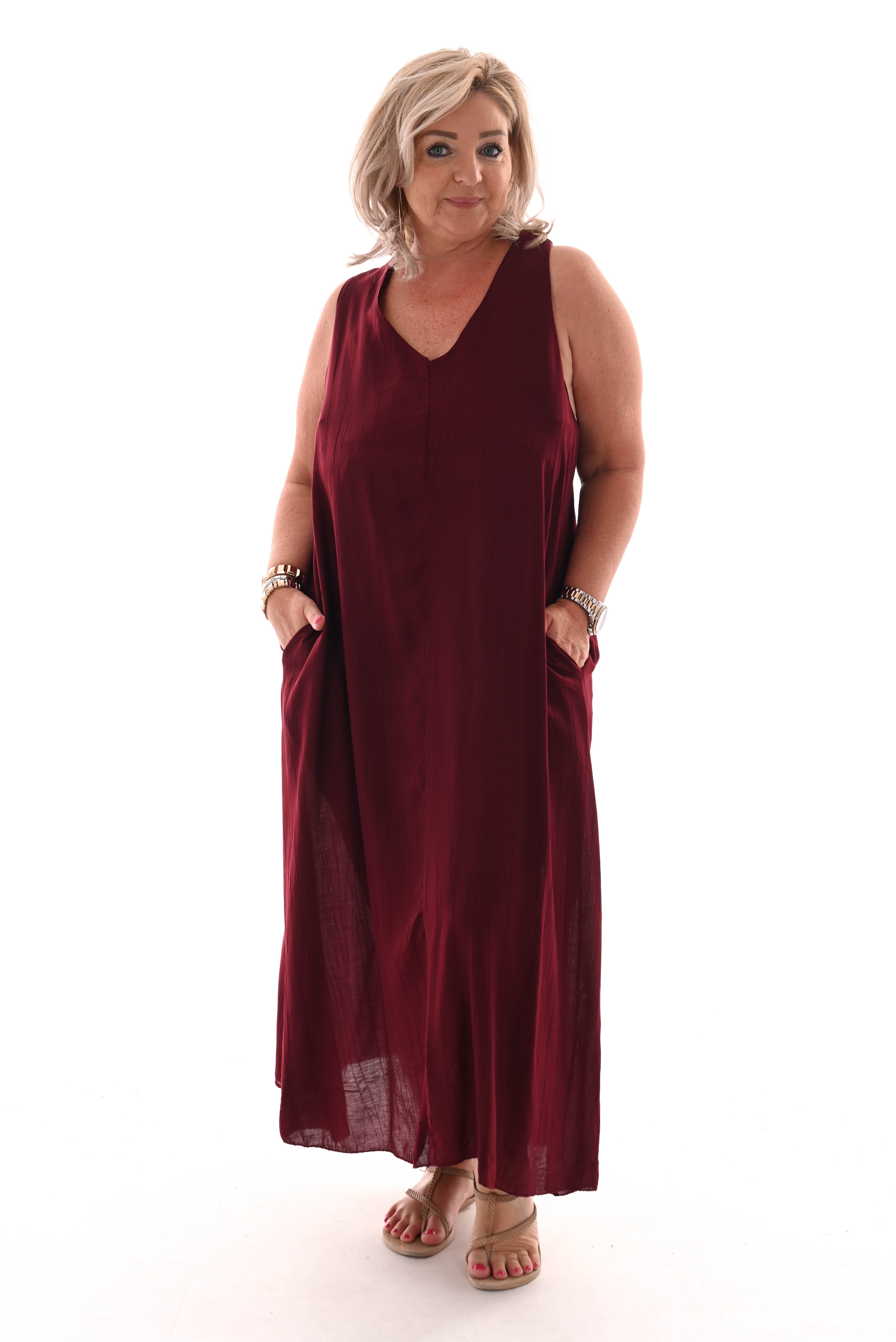 Lange jurk knoop rug uni bordeaux
