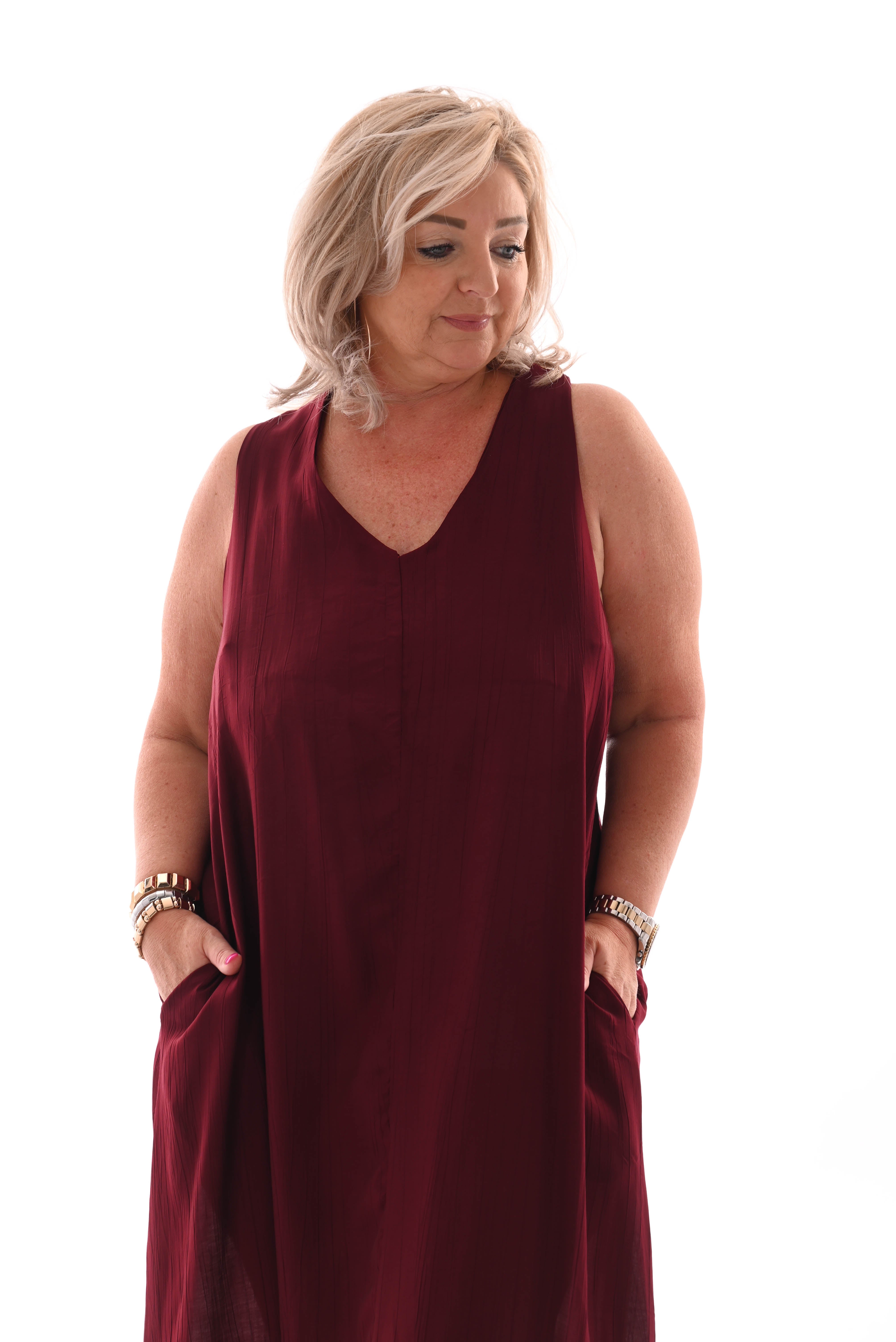 Lange jurk knoop rug uni bordeaux