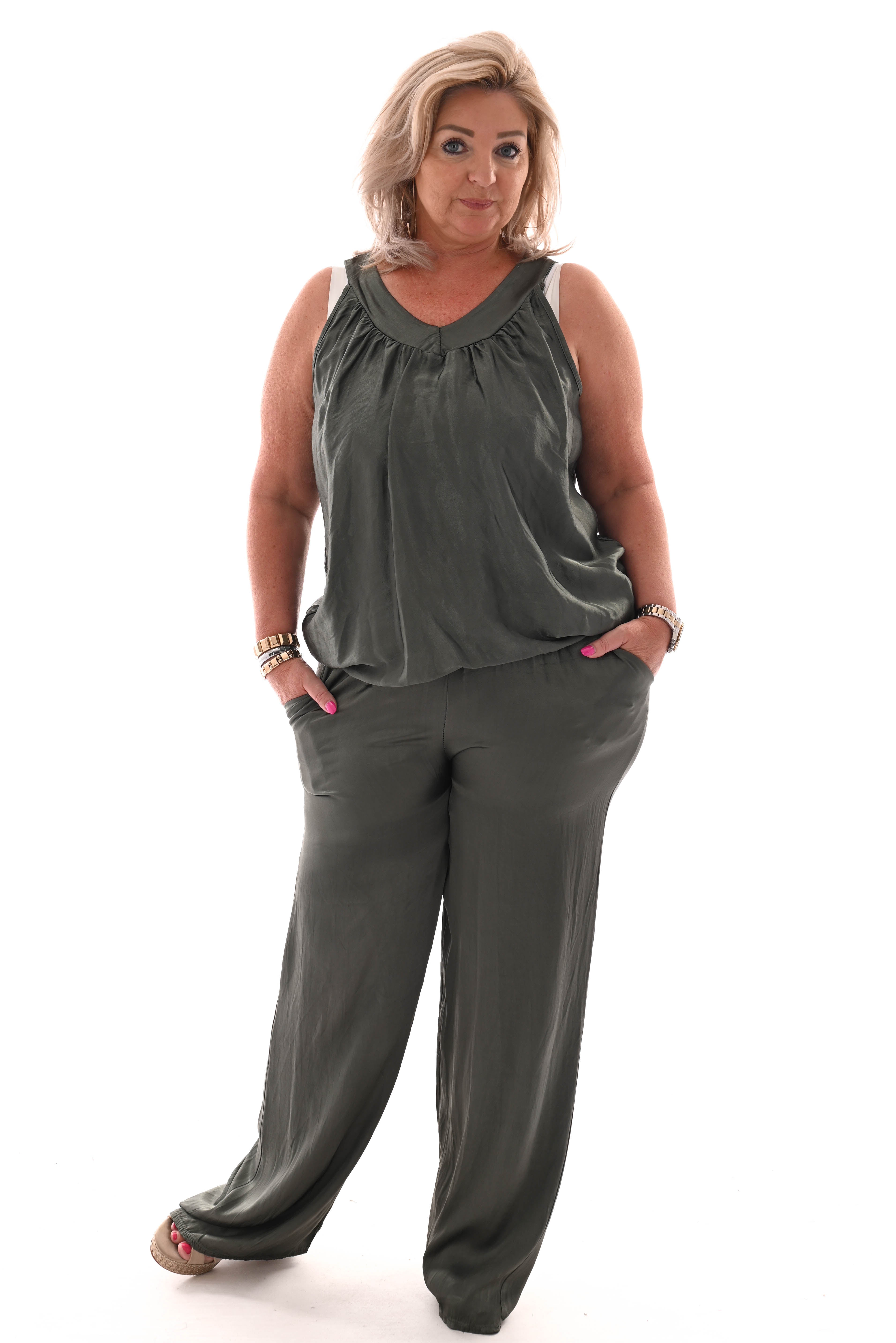 Silky set met ballon top donkergroen