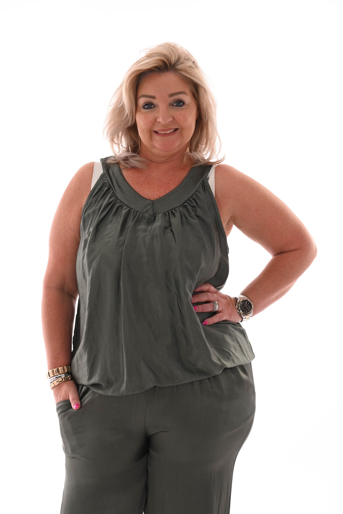 Silky set met ballon top donkergroen