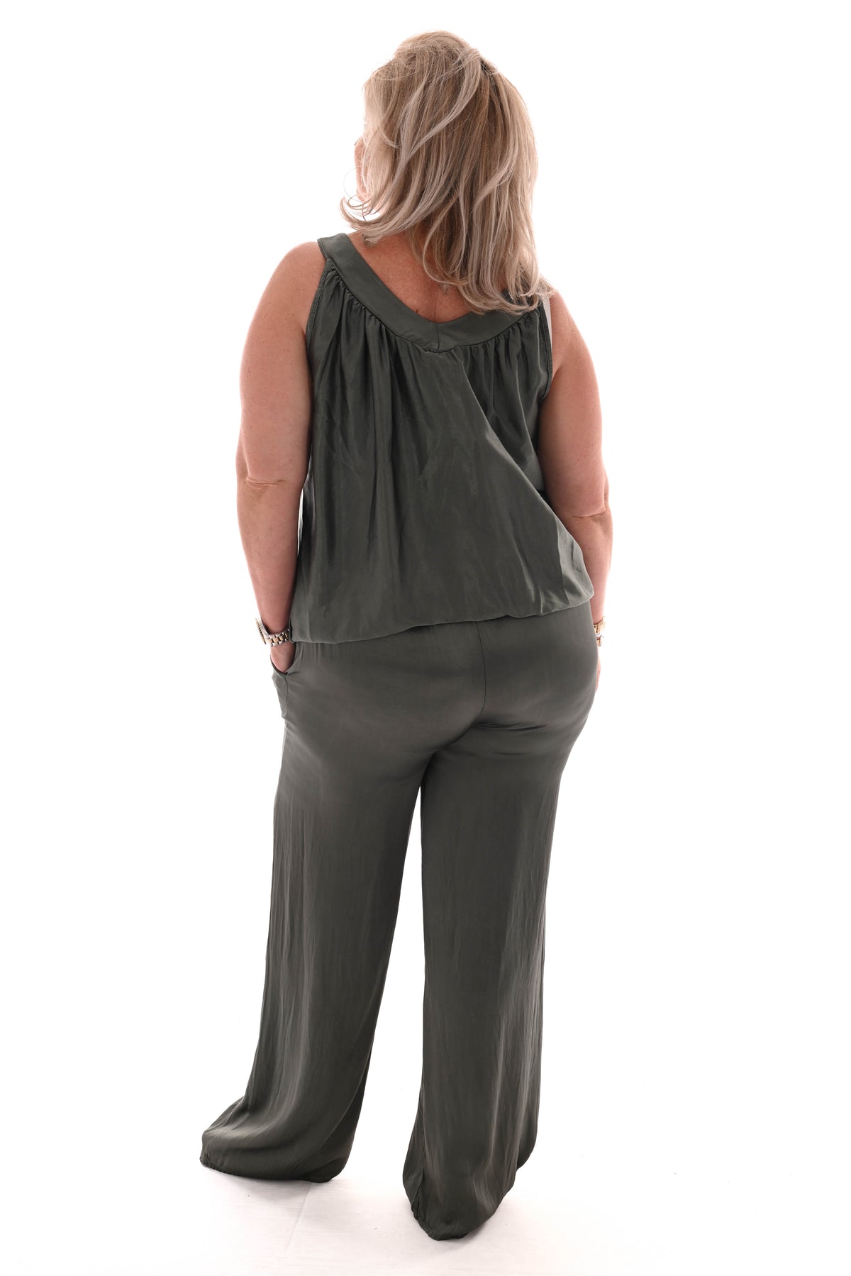 Silky set met ballon top donkergroen