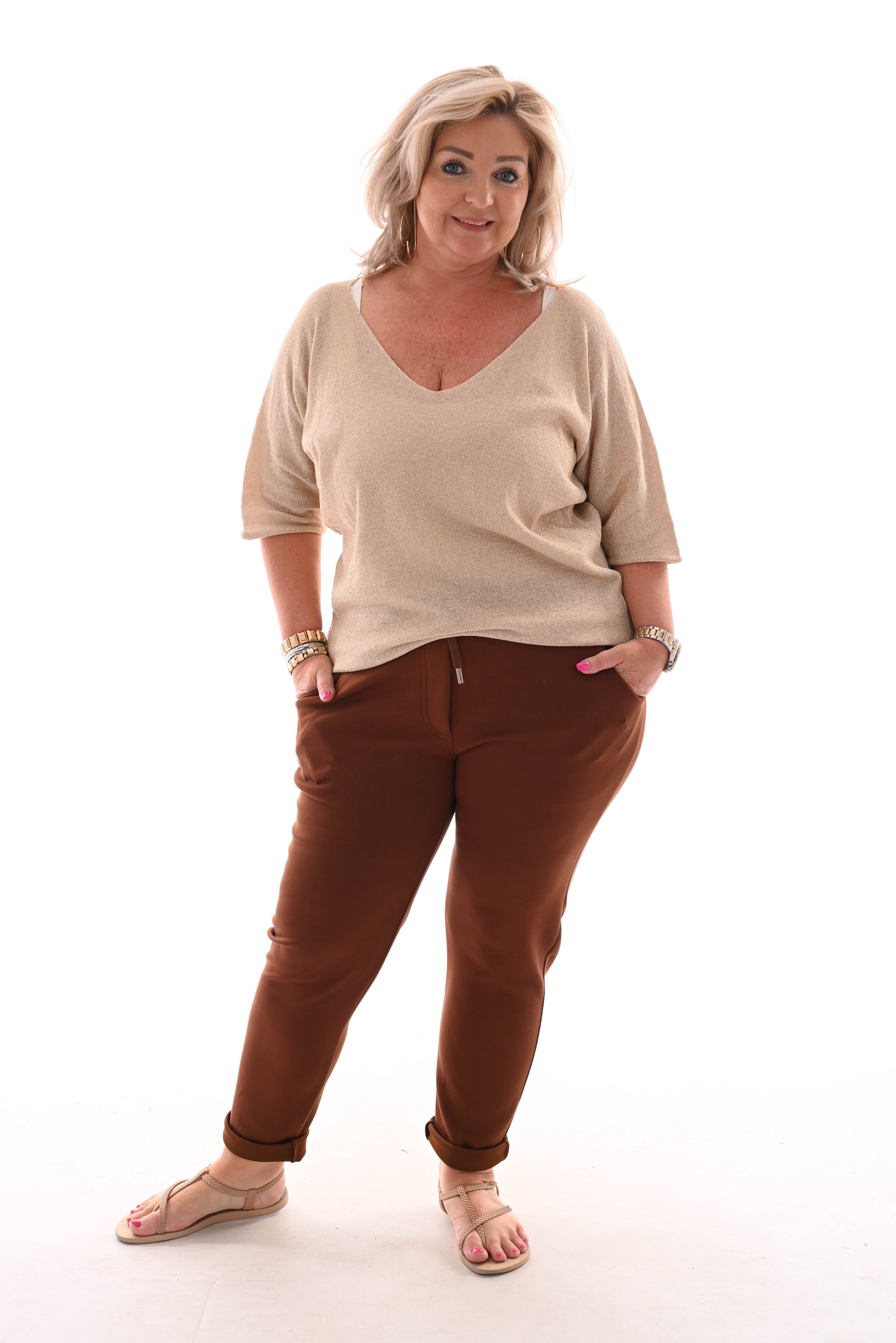 Top v-hals korte mouwen lurex creme