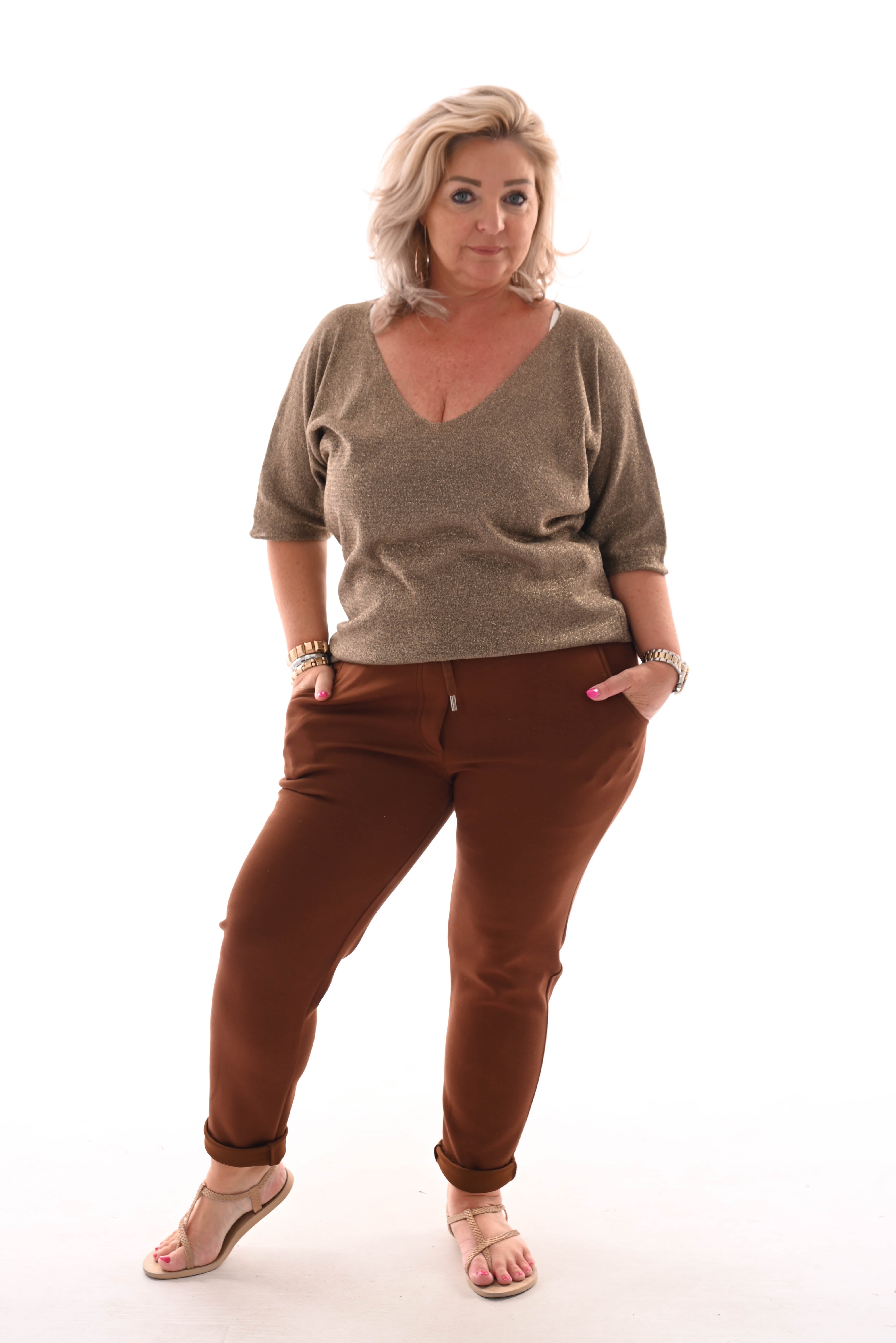 Top v-hals lurex korte mouwen taupe