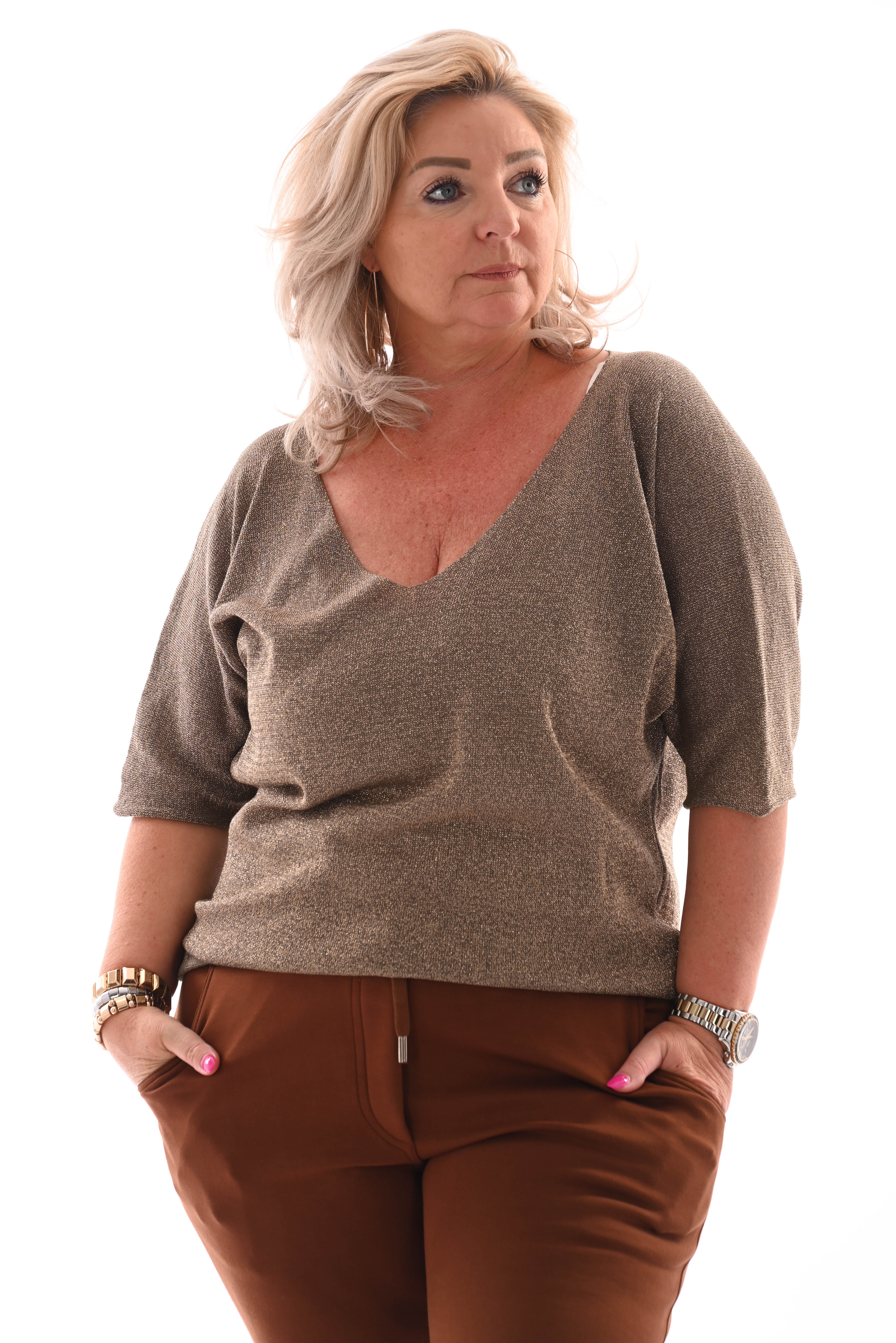 Top v-hals lurex korte mouwen taupe