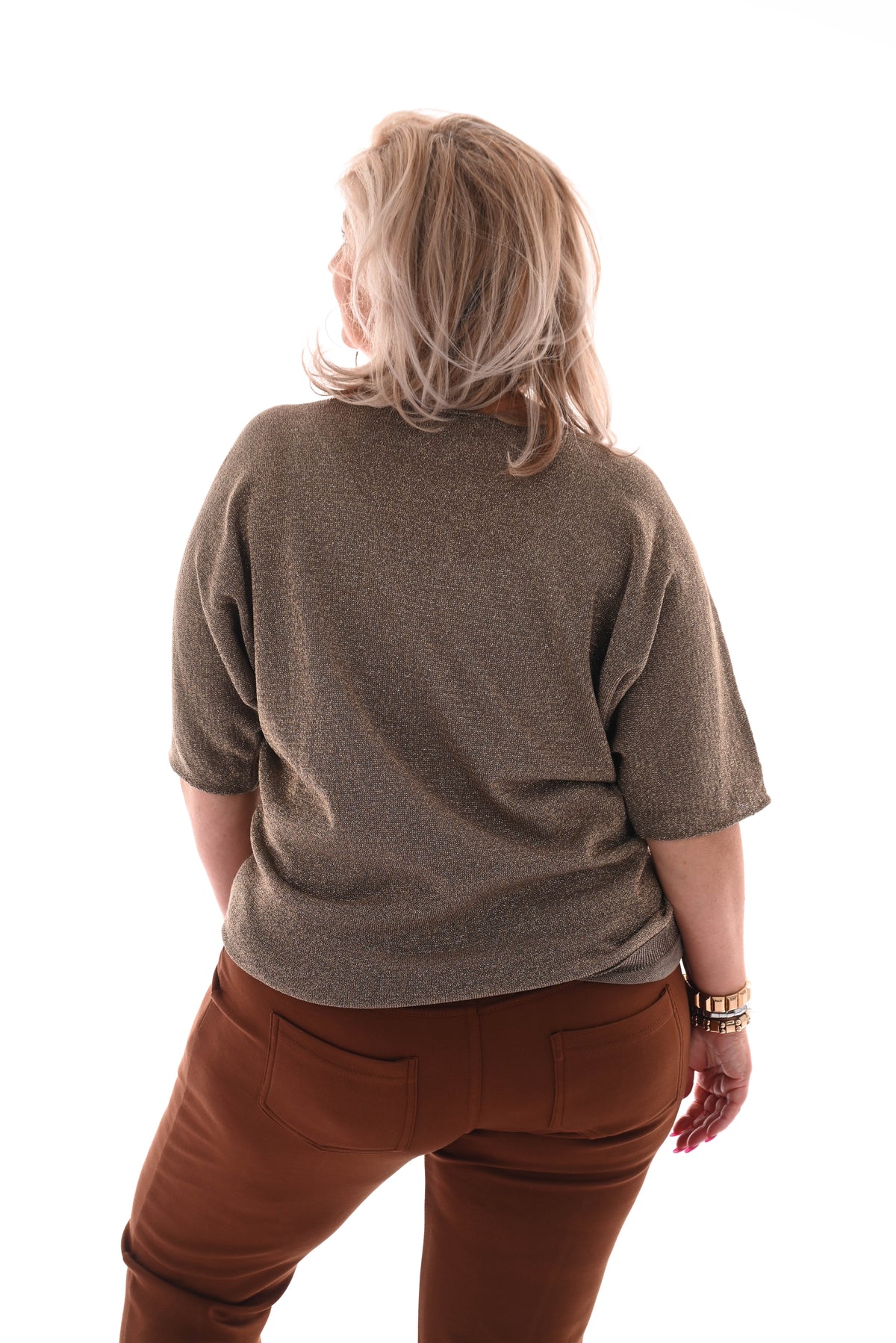 Top v-hals lurex korte mouwen taupe