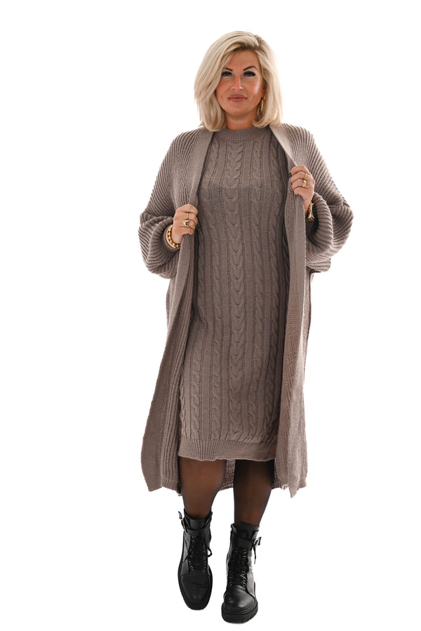 Tweedelig gebreide jurk met vest taupe