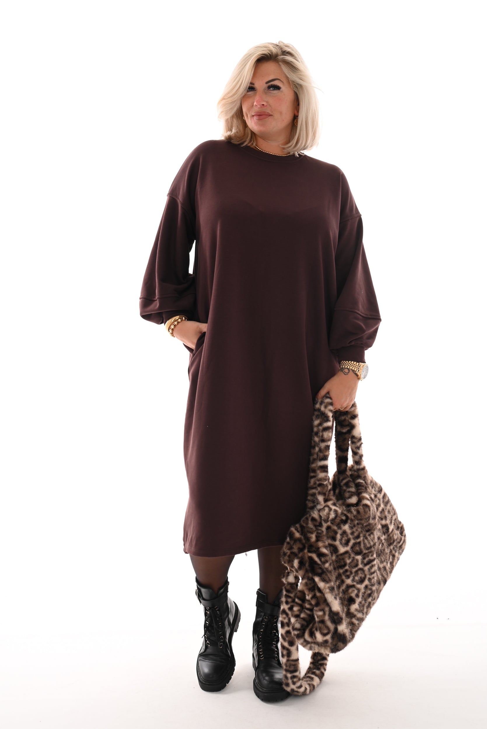 Sweater dress met zakken donkerbruin