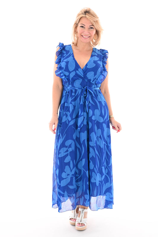 Lange jurk roezel blaadjes print kobaltblauw