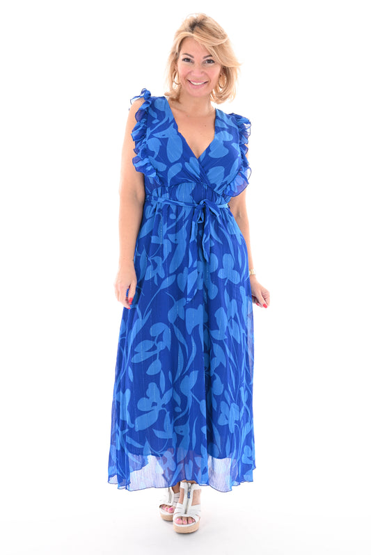 Lange jurk roezel blaadjes print kobaltblauw