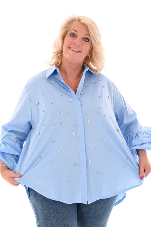Katoenen blouse met stenen detail jeansblauw