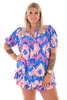 Tweedelig set kort blouse en skort zigzag patroon blauw/roze