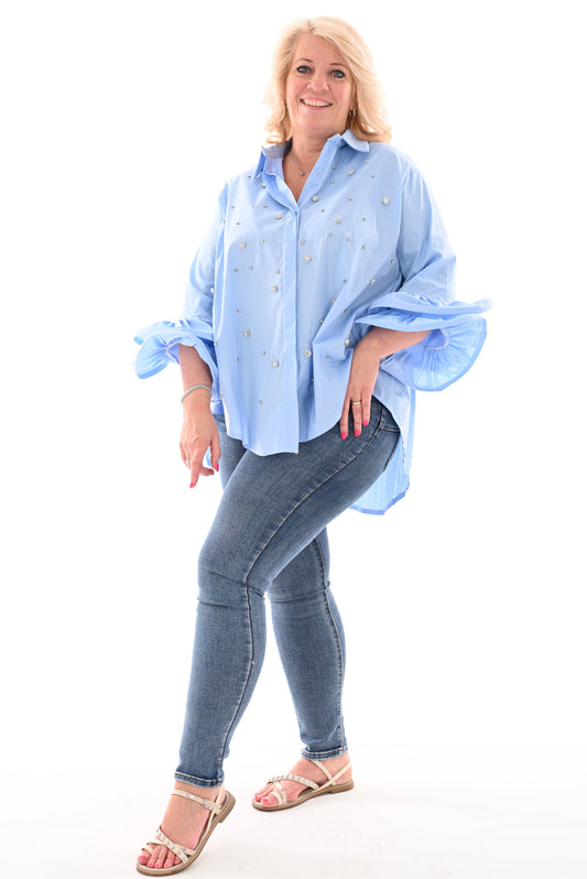 Katoenen blouse met stenen detail jeansblauw