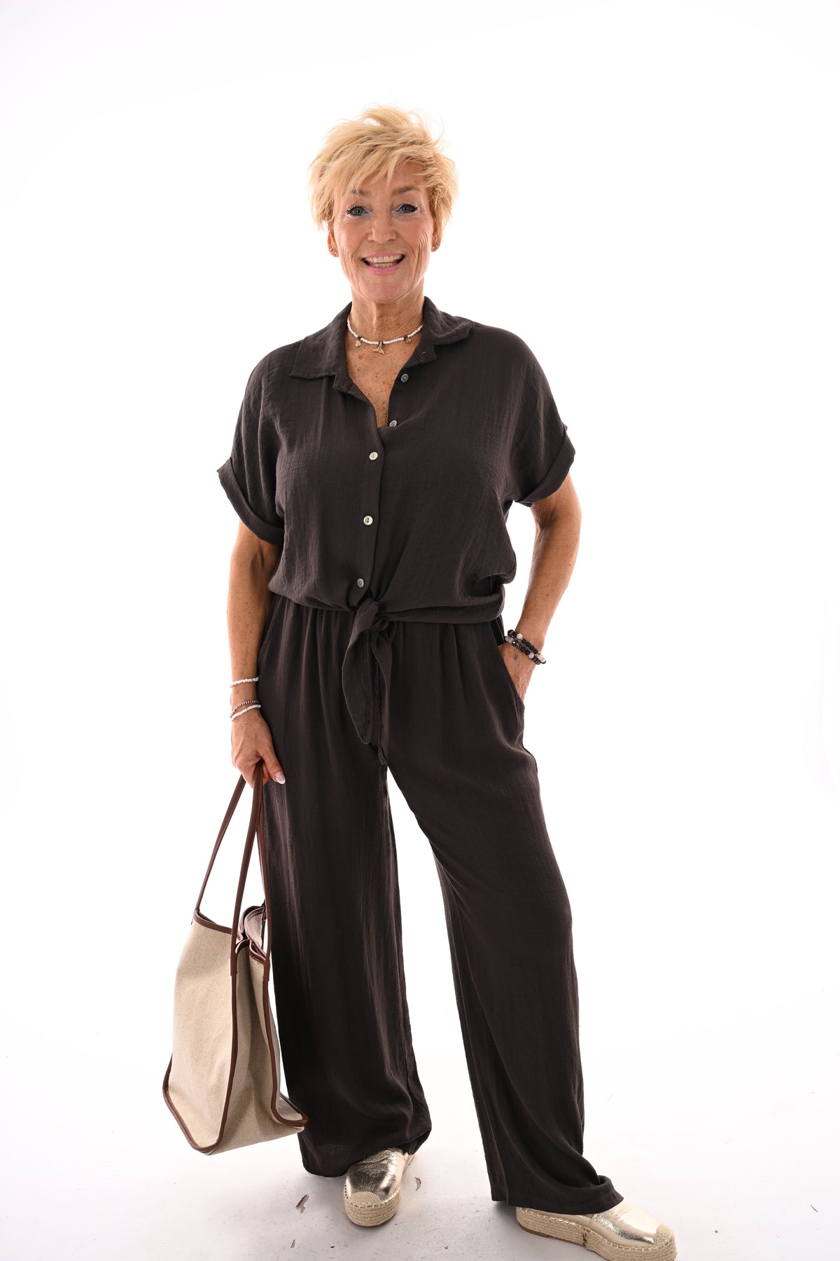 Tweedelig set blouse met knoop uni donkerbruin
