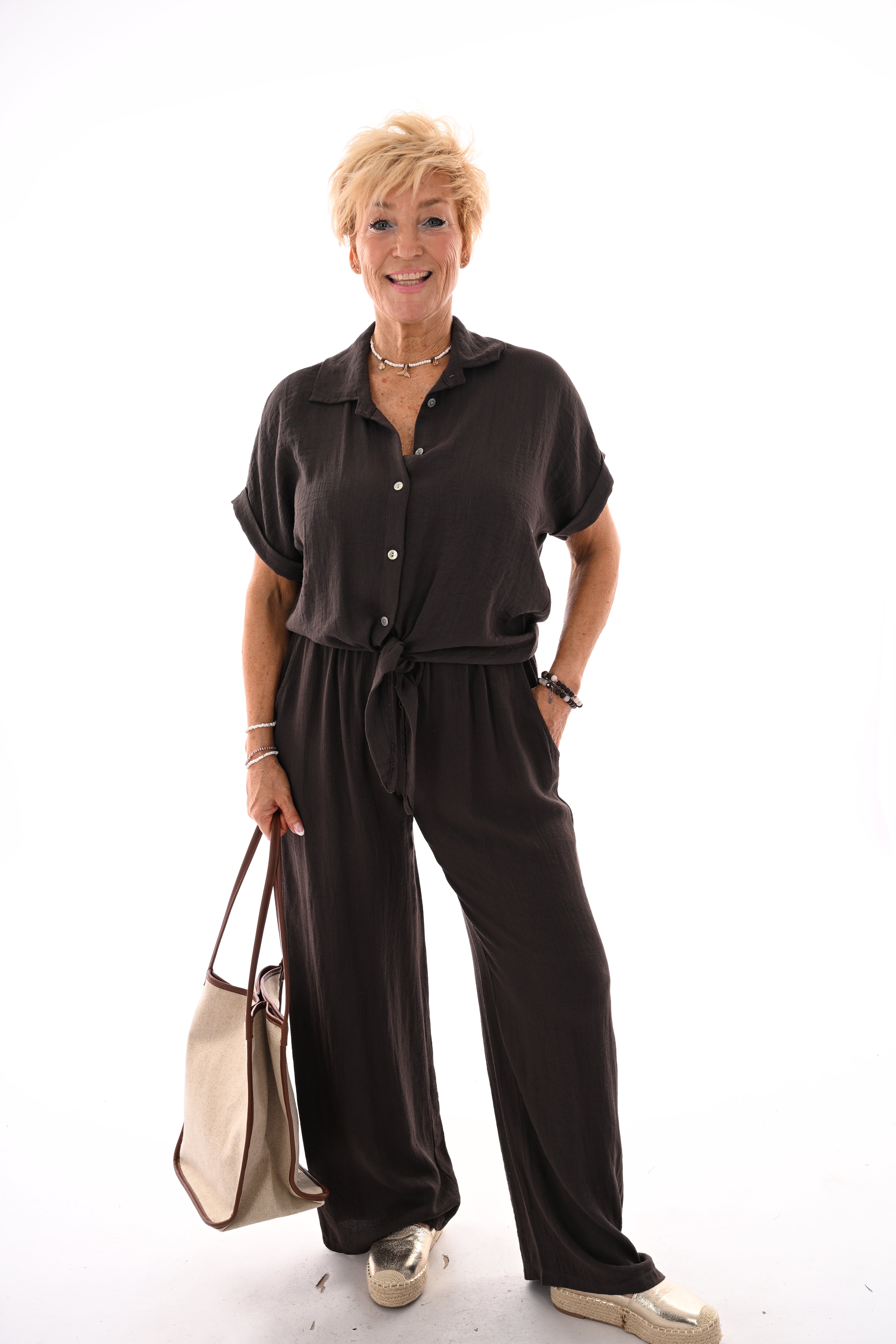 Tweedelig set blouse met knoop uni donkerbruin