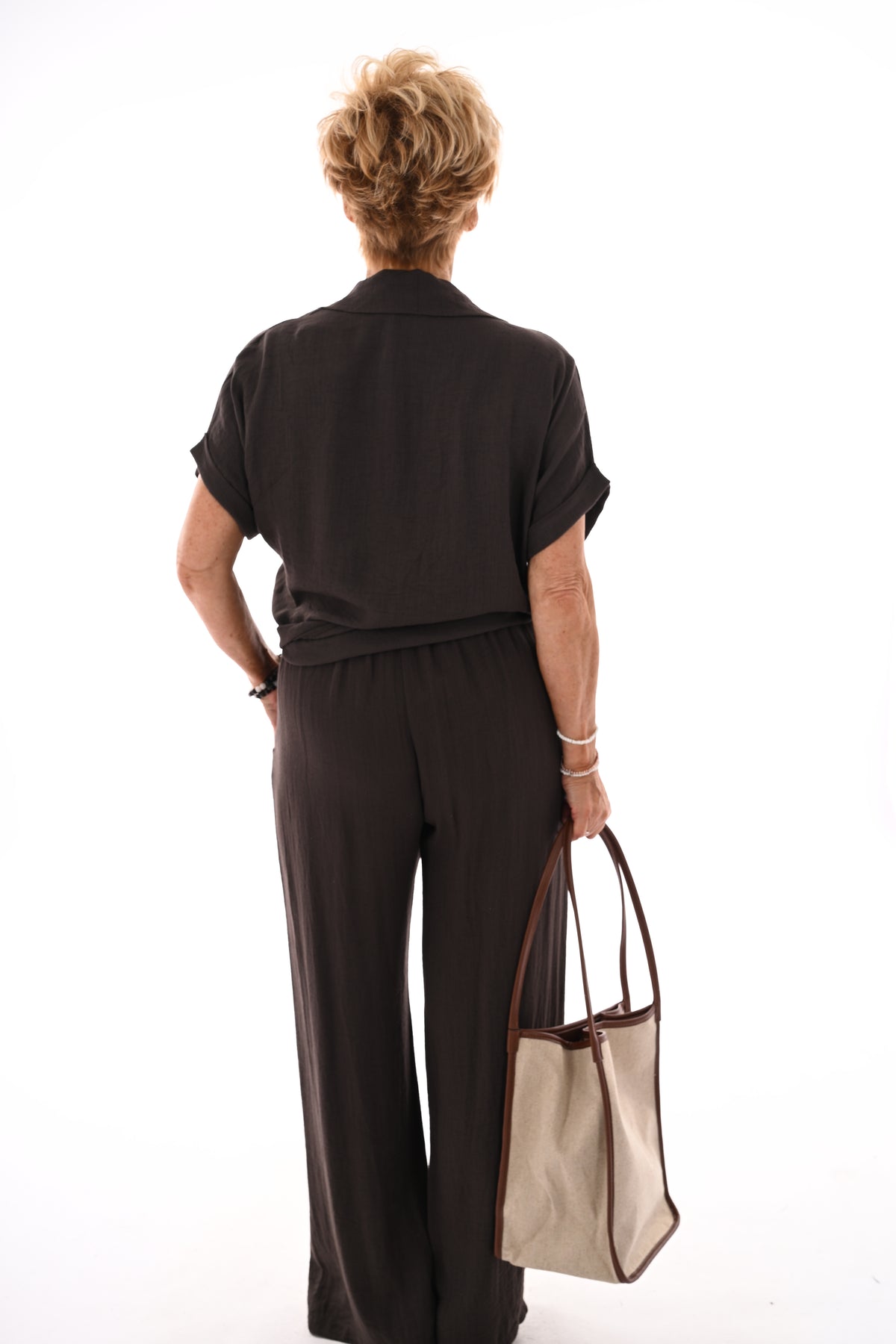 Tweedelig set blouse met knoop uni donkerbruin
