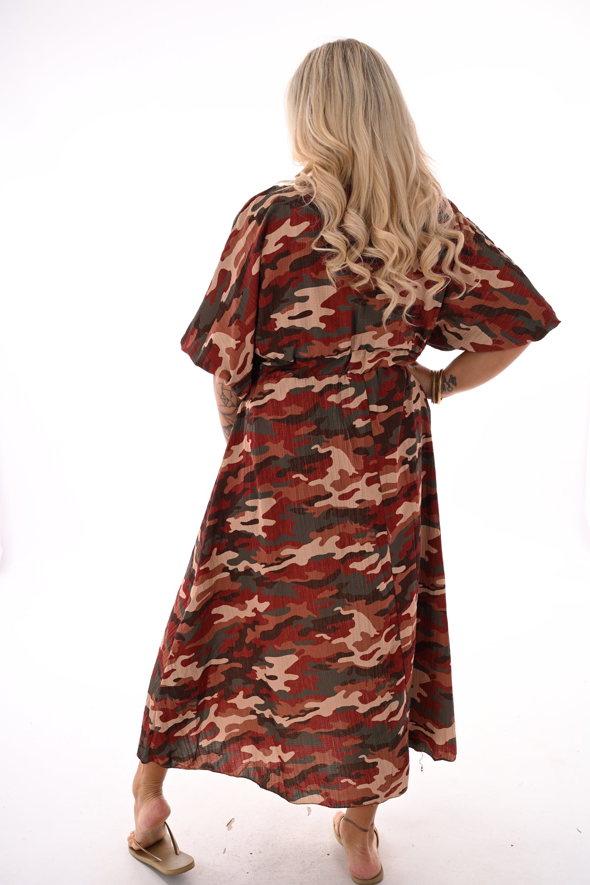 Lange jurk v-hals smock army brique