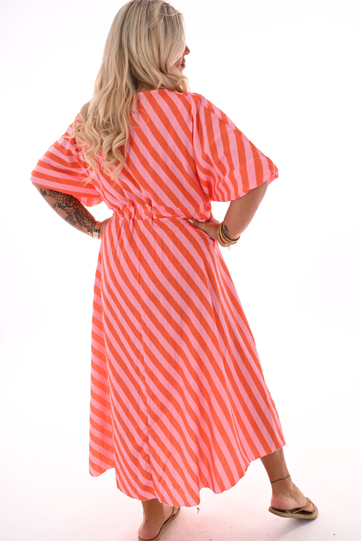 Lange jurk v-hals smock strepen lichtroze/oranje