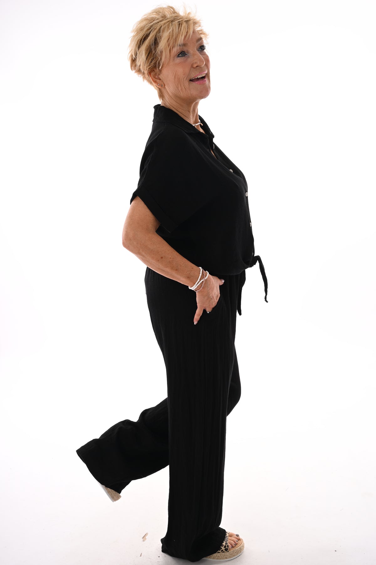 Tweedelig set blouse met knoop uni zwart