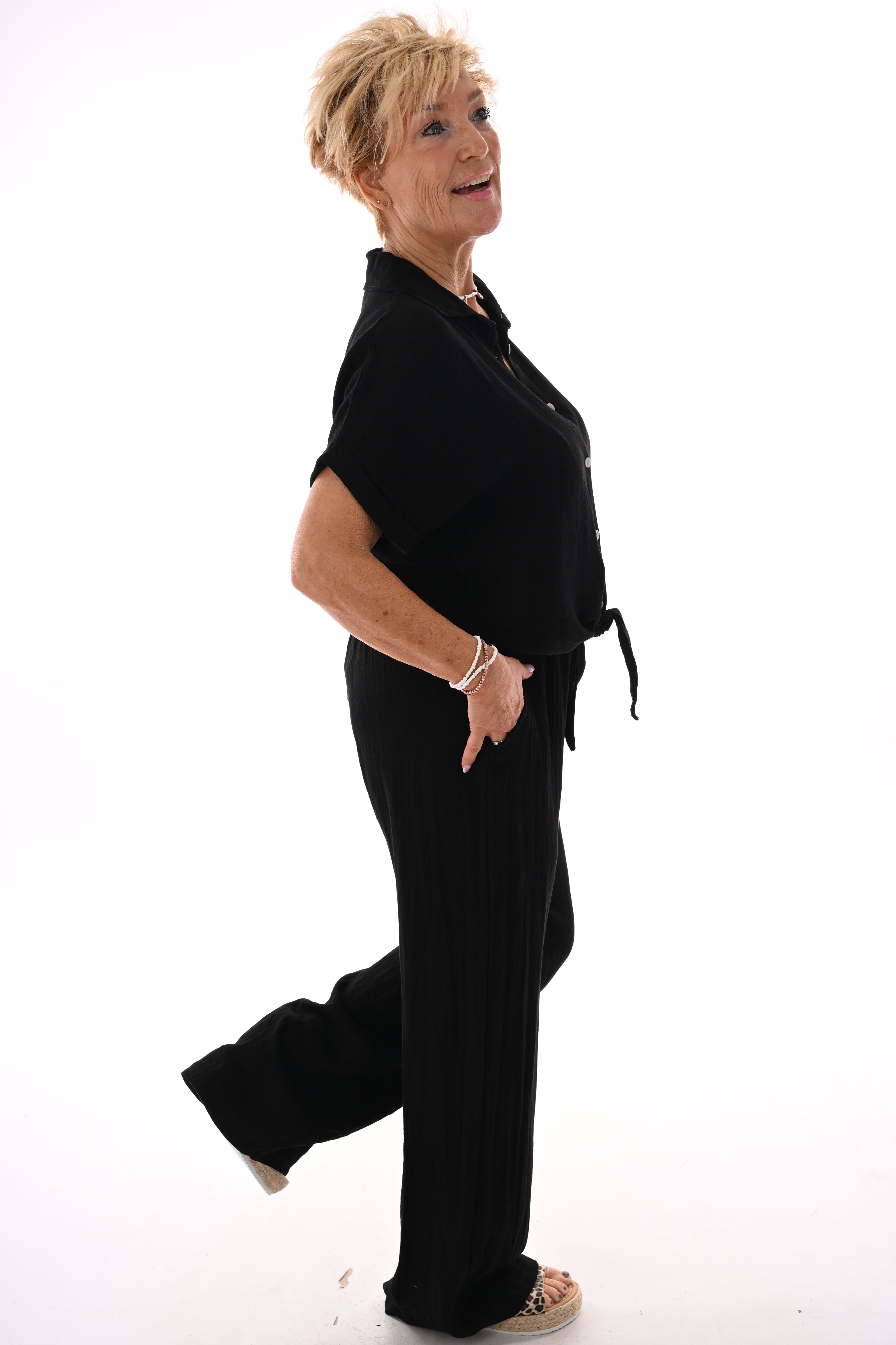 Tweedelig set blouse met knoop uni zwart