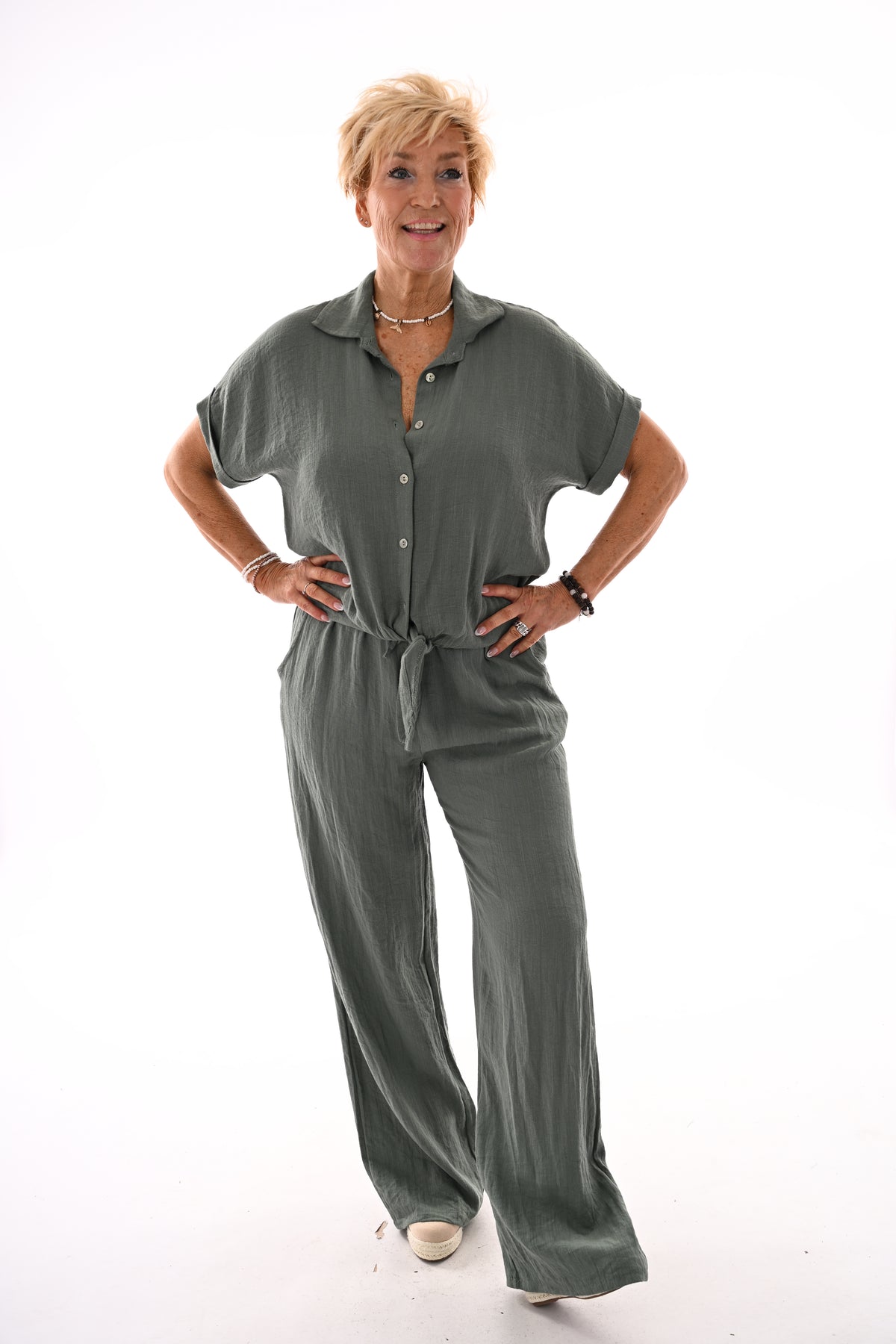 Tweedelig set blouse met knoop uni legergroen