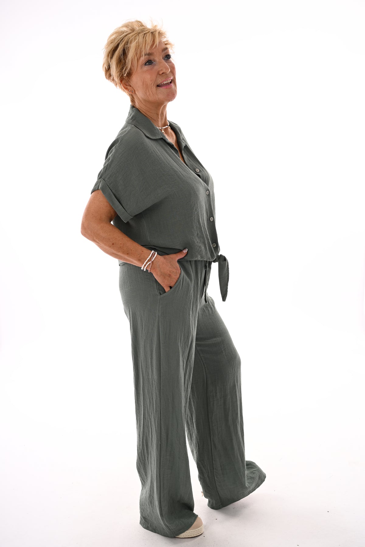 Tweedelig set blouse met knoop uni legergroen