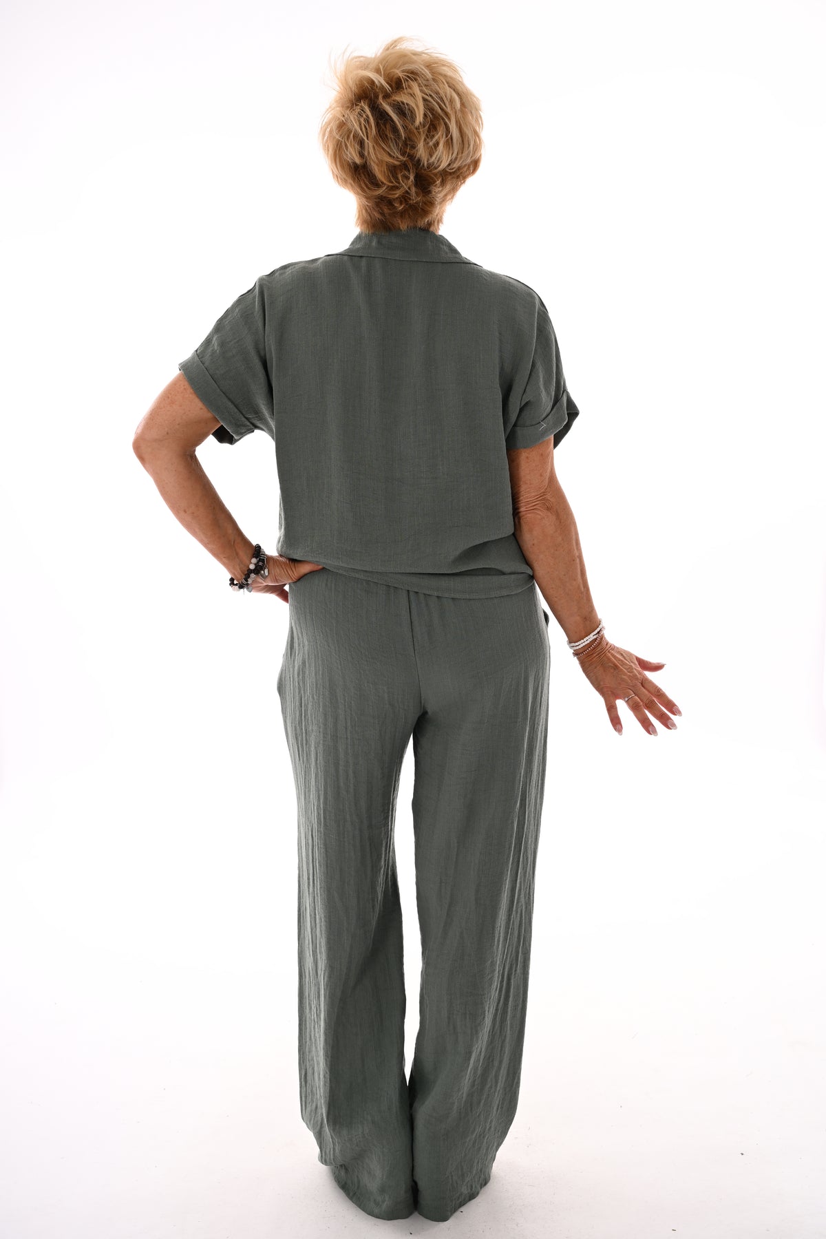 Tweedelig set blouse met knoop uni legergroen