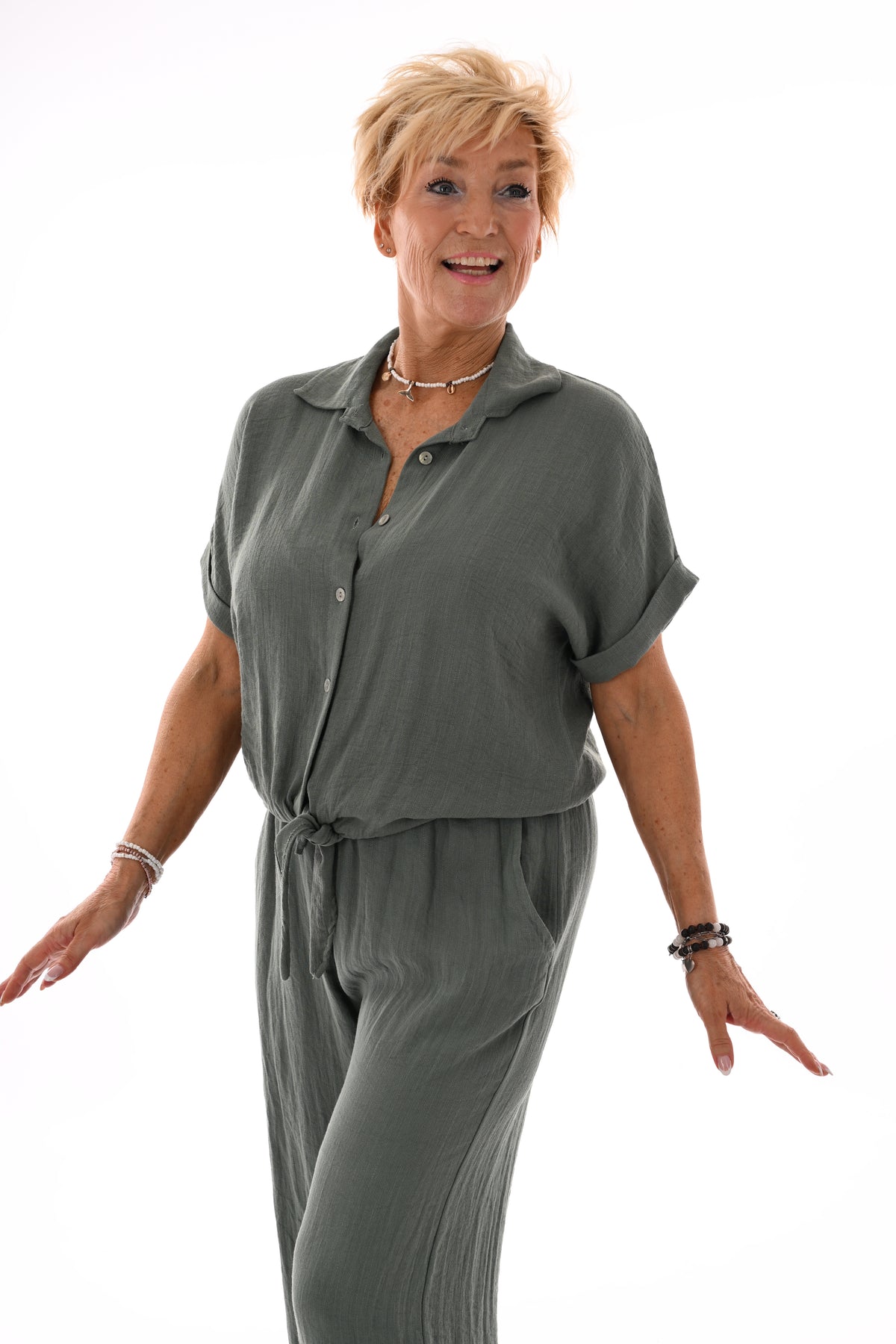 Tweedelig set blouse met knoop uni legergroen
