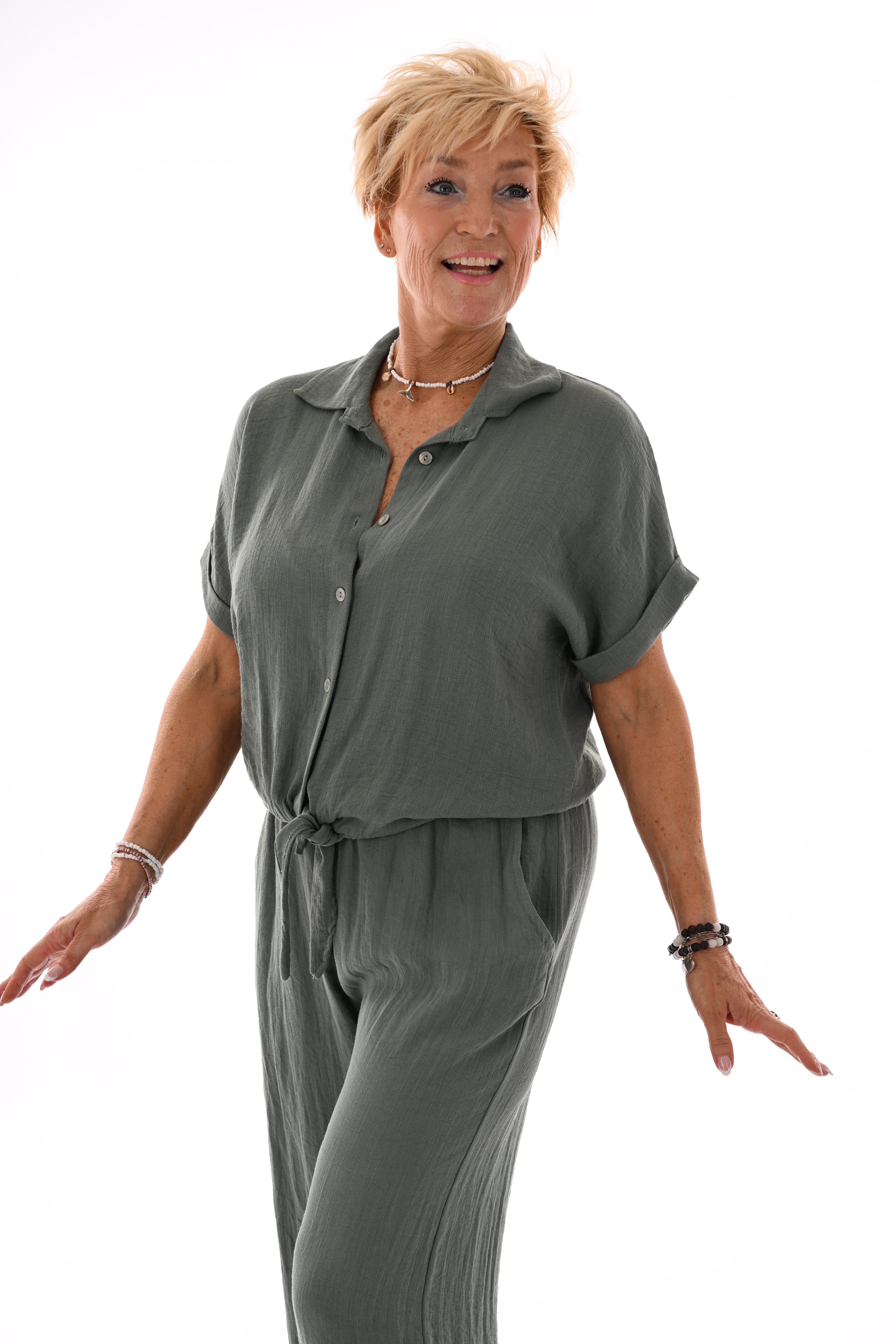 Tweedelig set blouse met knoop uni legergroen