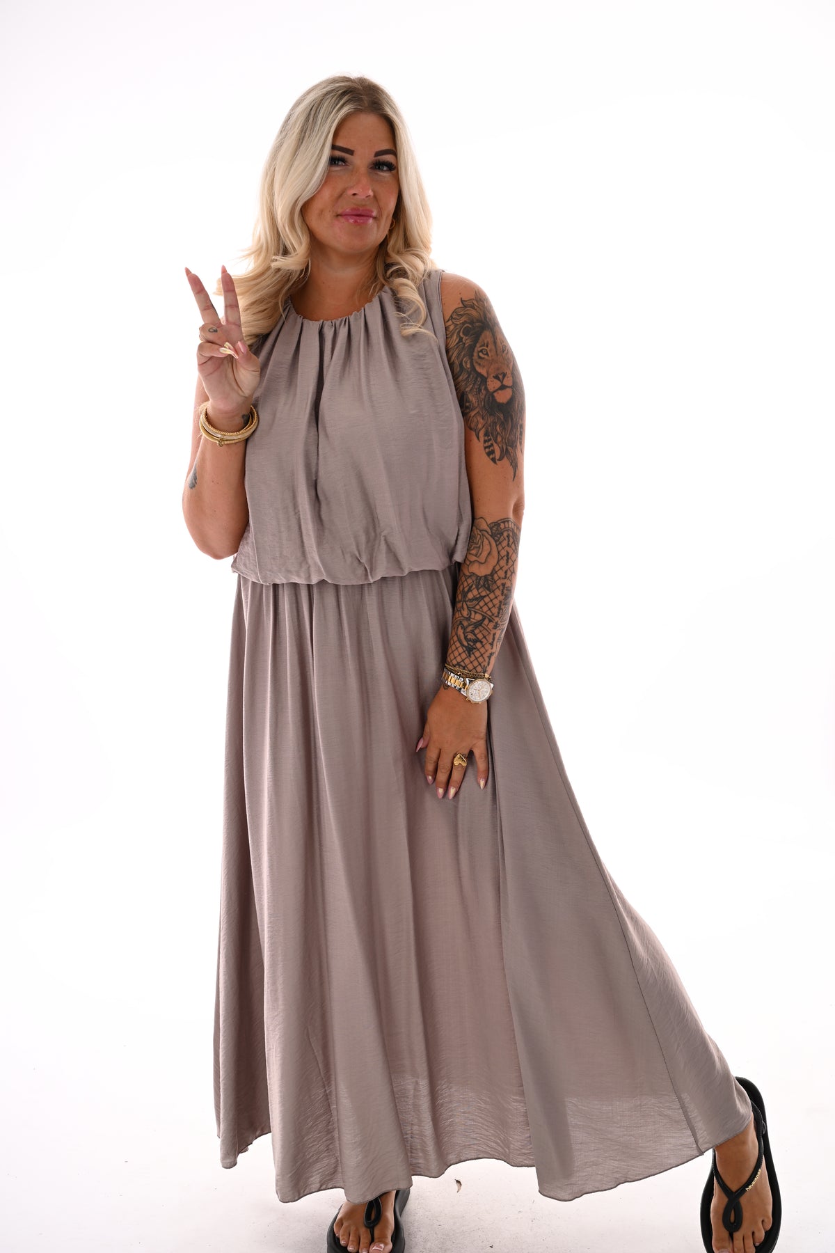 Lange jurk ballon fit uni taupe