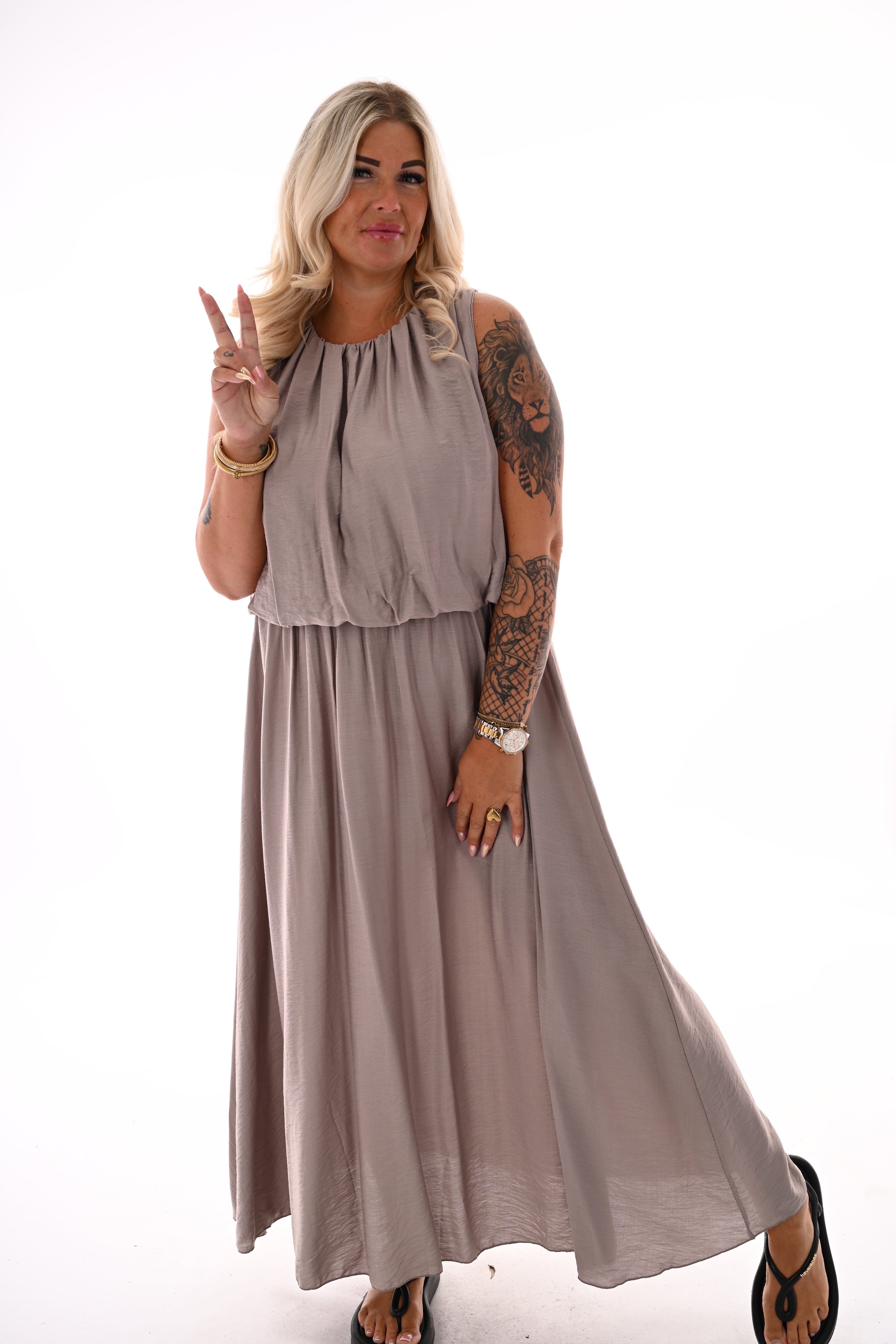 Lange jurk ballon fit uni taupe