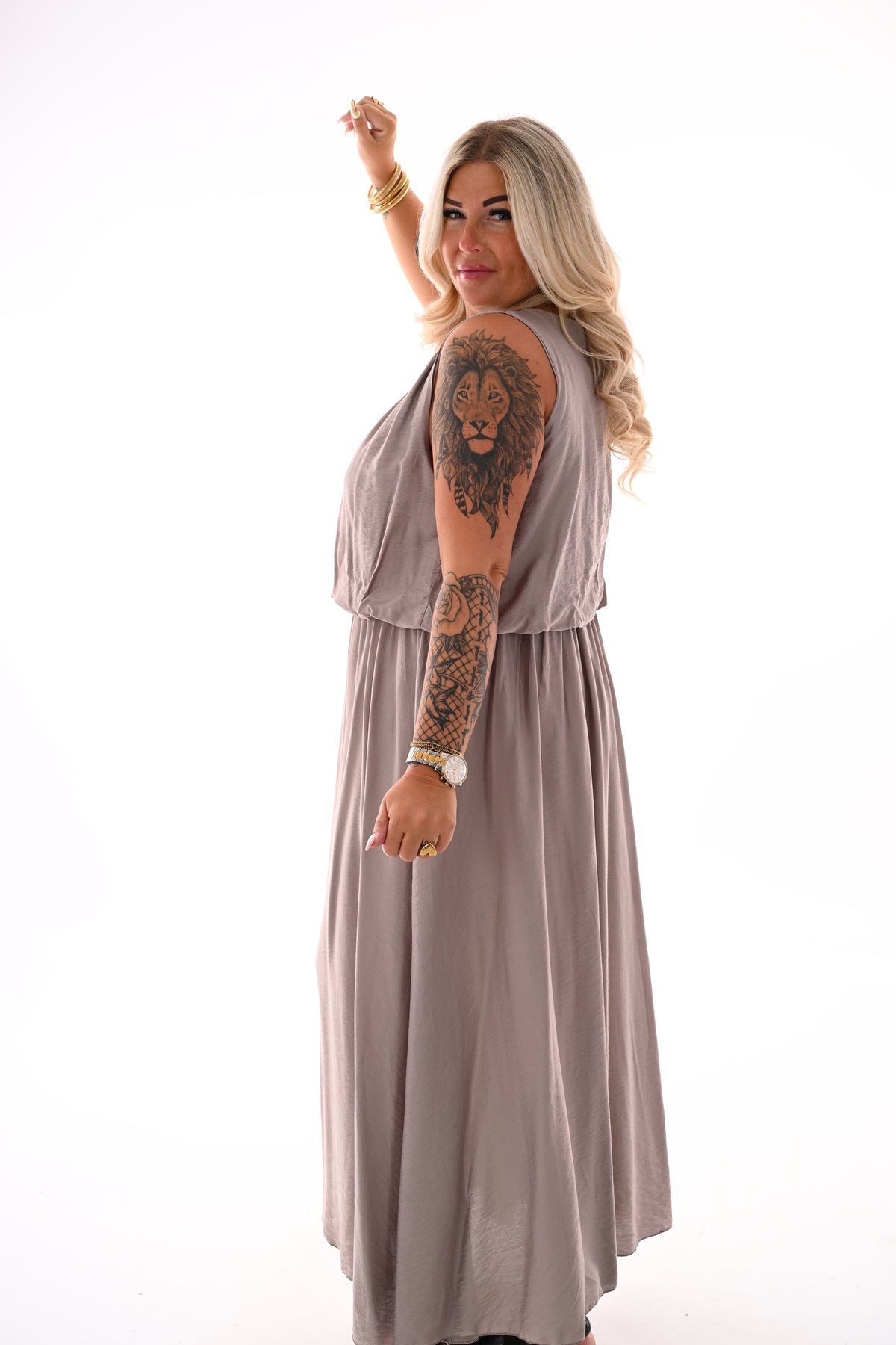 Lange jurk ballon fit uni taupe